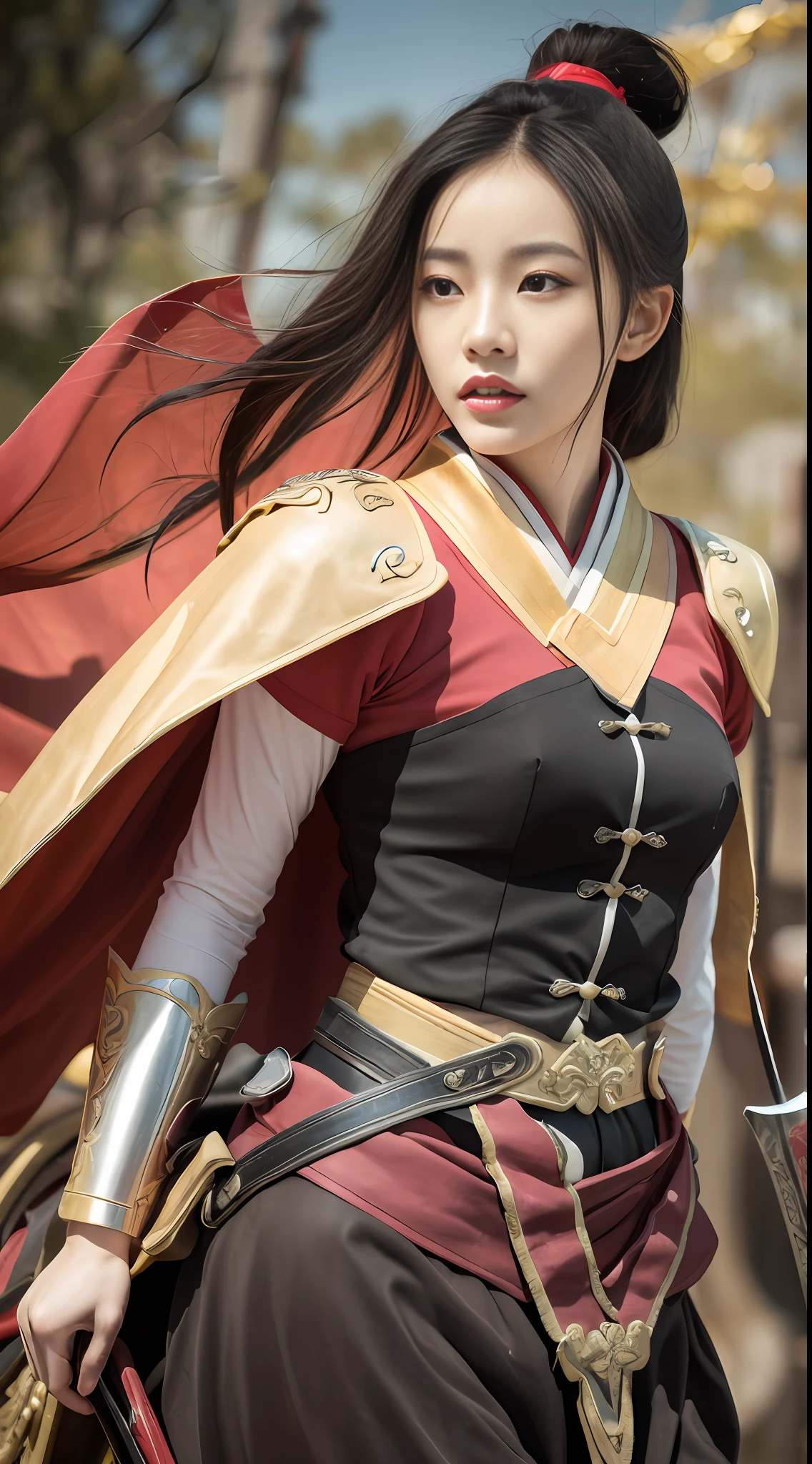 An ancient Chinese female general, Mulan, female general, whole body, dressed in black and gold armor, red cape (floating with flying), (delicate and beautiful facial features, high and cold expression, eyes firm and bright, detailed engraving of the picture and eyes, ultra-high definition, close-up of the face, tied high ponytail) (tied red streamer) fluttering, riding a war horse on the battlefield (heroic and sassy), wielding a delicate and sharp sword (flashing light) detailed close-up sword, the sword is swung with a wind, the aura is powerful, and the war horse wears armor Oh, Wearing armor, strong and powerful body, running with Mulan on the battlefield of the fight, background battlefield, gunsmoke, red battle flag waving in the wind, the scene is shocking, ultra HD, 32k, 3D effect, CG rendering