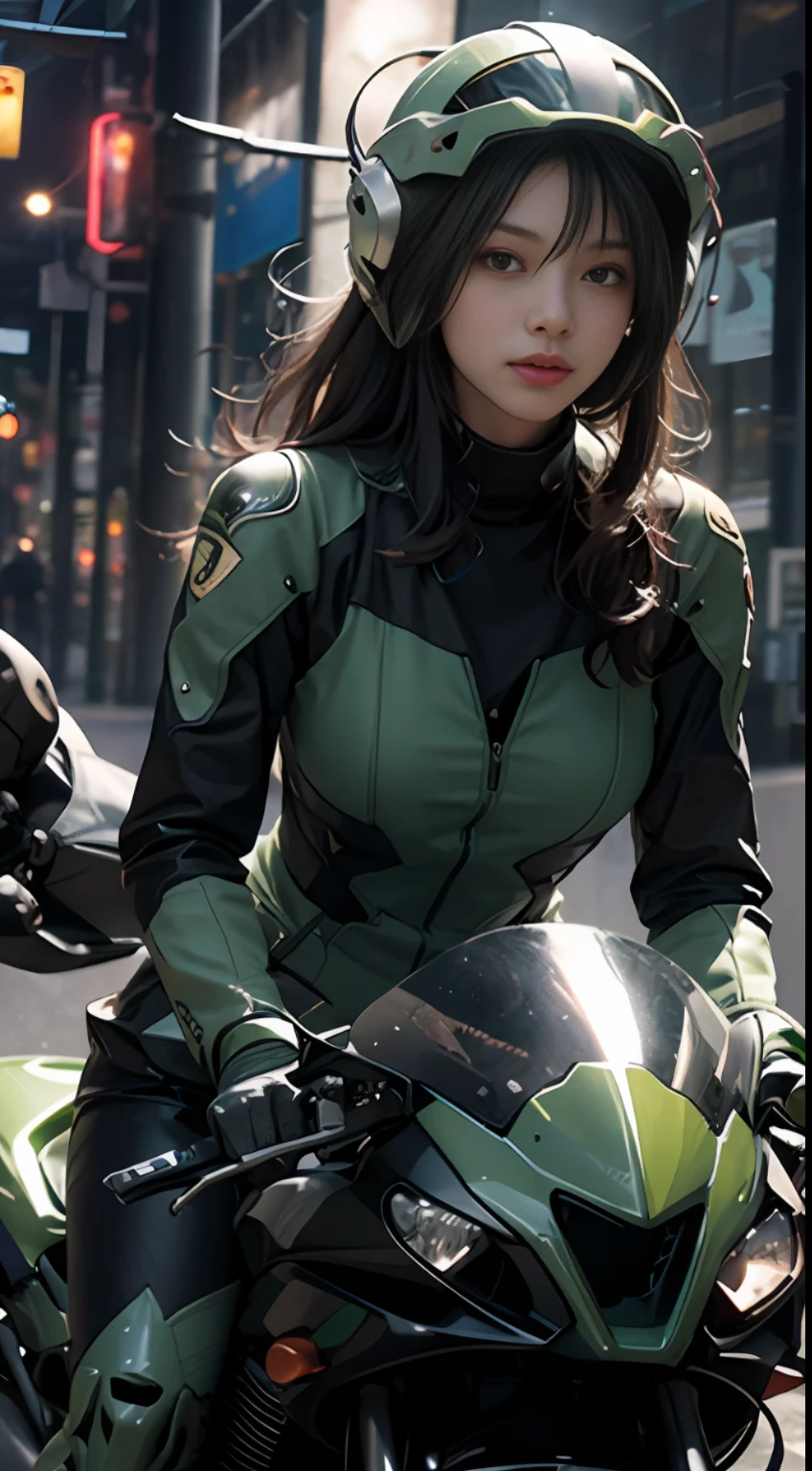 Highest image quality, outstanding details, ultra-high resolution, (realism: 1.4), the best illustration, favor details, highly condensed 1girl, with a delicate and beautiful face, dressed in a black and green mecha, wearing a mecha helmet, holding a directional controller, riding on a motorcycle, the background is a high-tech lighting scene of the future city.