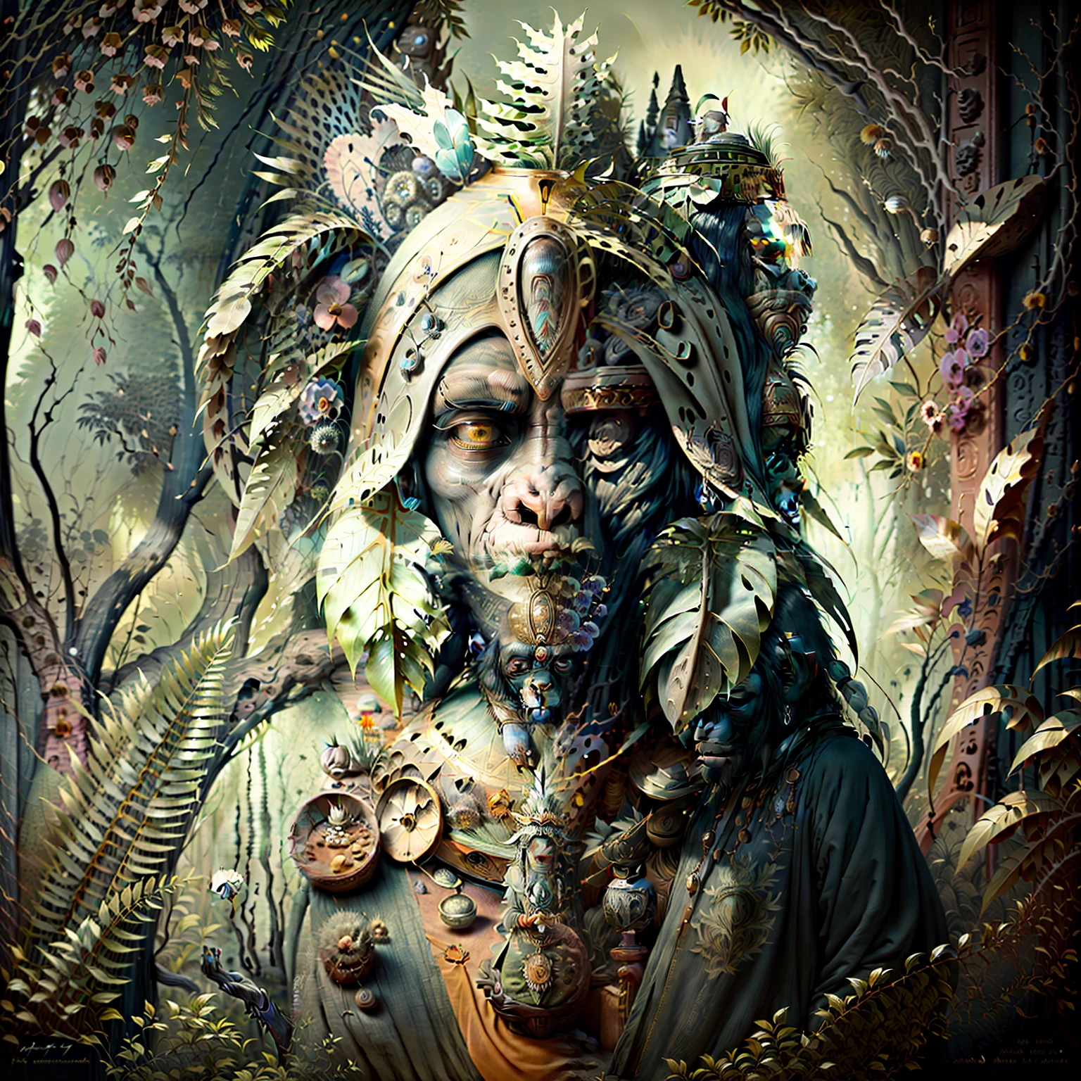 Chimpanzee Head ((Shaman)),,((meditative state),,Shaman, elegant chimpanzee, hair with details, with Indian headdress on head, ((meditating)) many colorful feathers, colorful feathers, facing the camera, detail: dense tropical foliage, highly detailed intricate, ((masterpiece)), ultra hyperrealistic, masterpiece