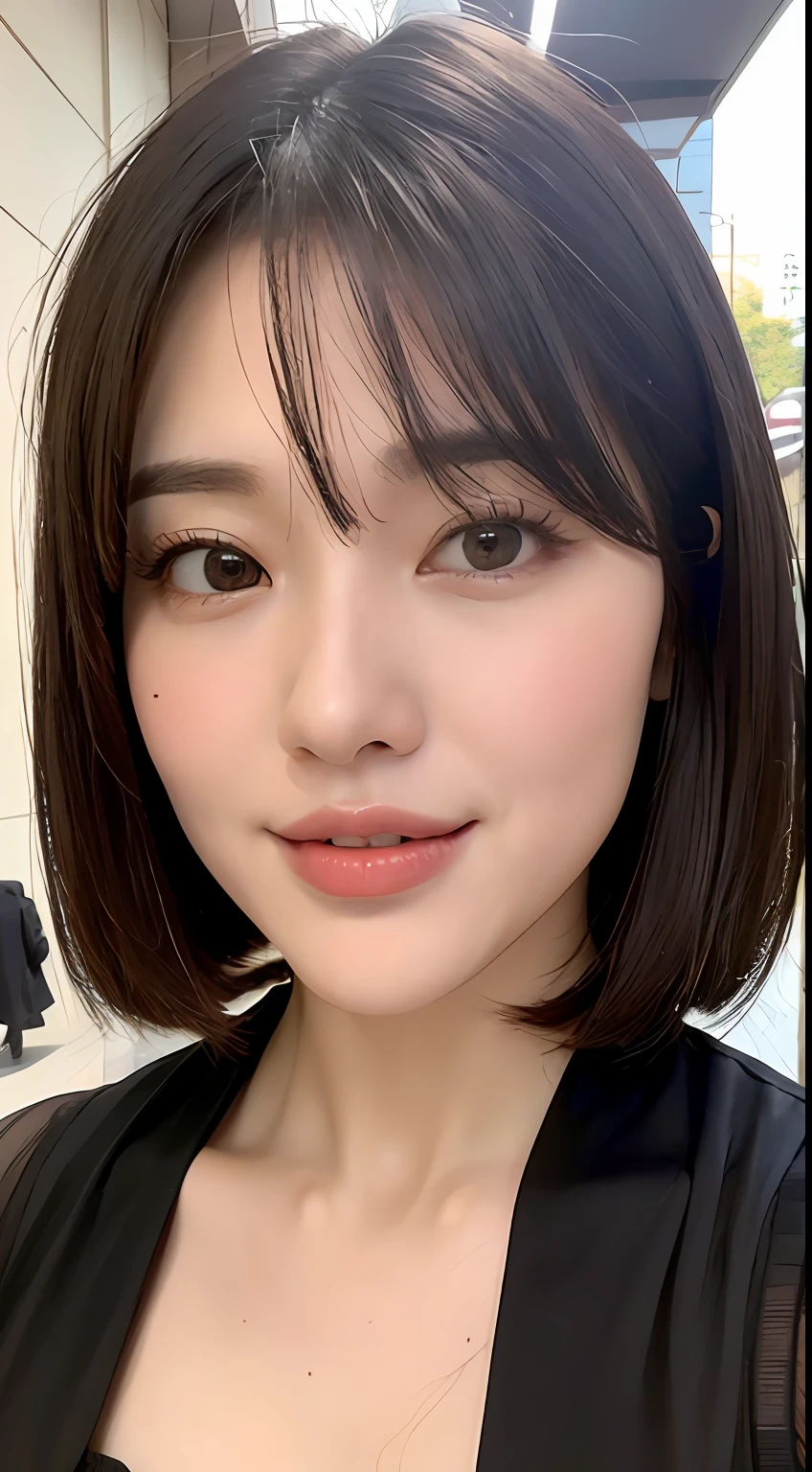 ((top quality, 8k, masterpiece: 1.3)), 1 girl, smile, full body, slim face, Kwon Nala, pretty woman, (dark brown short hair), full-length dress: 1.1, ultra detailed face, detailed eyes, double eyelids, blurred background, slim face, city, outside, street,
