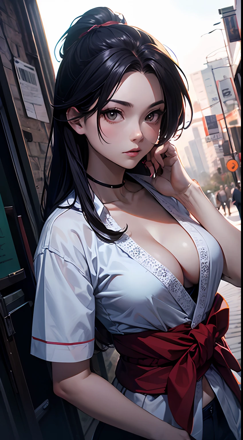 Rio de Janeiro, Mai Shiranui, from KOF (gradient hair, Dutch angle: 1.3), film grain, chromatic aberration, city, masterpiece, best quality, raw photo, photorealistic, absurdres, 1girl, beautiful, perspective, cowboy shot, highres, ultra detailed, detailed eyes and face, sharp pupils, realistic pupils, sharp focus, summer, night,