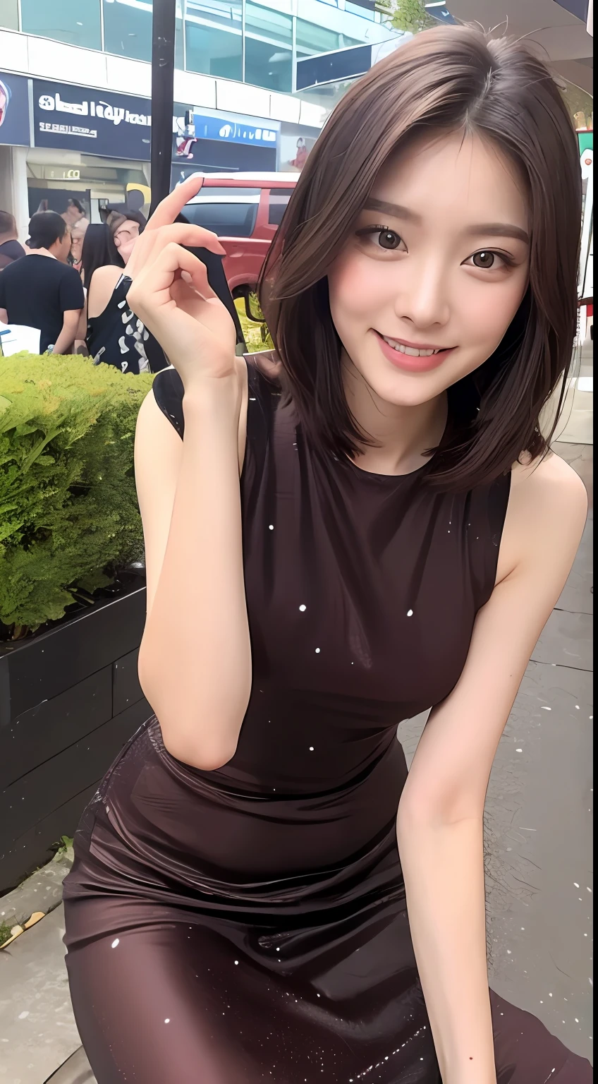 ((top quality, 8k, masterpiece: 1.3)), 1 girl, smile, full body, slim face, Kwon Nala, pretty woman, (dark brown short hair), full-length dress: 1.1, ultra detailed face, detailed eyes, double eyelids, blurred background, slim face, city, outside, street,