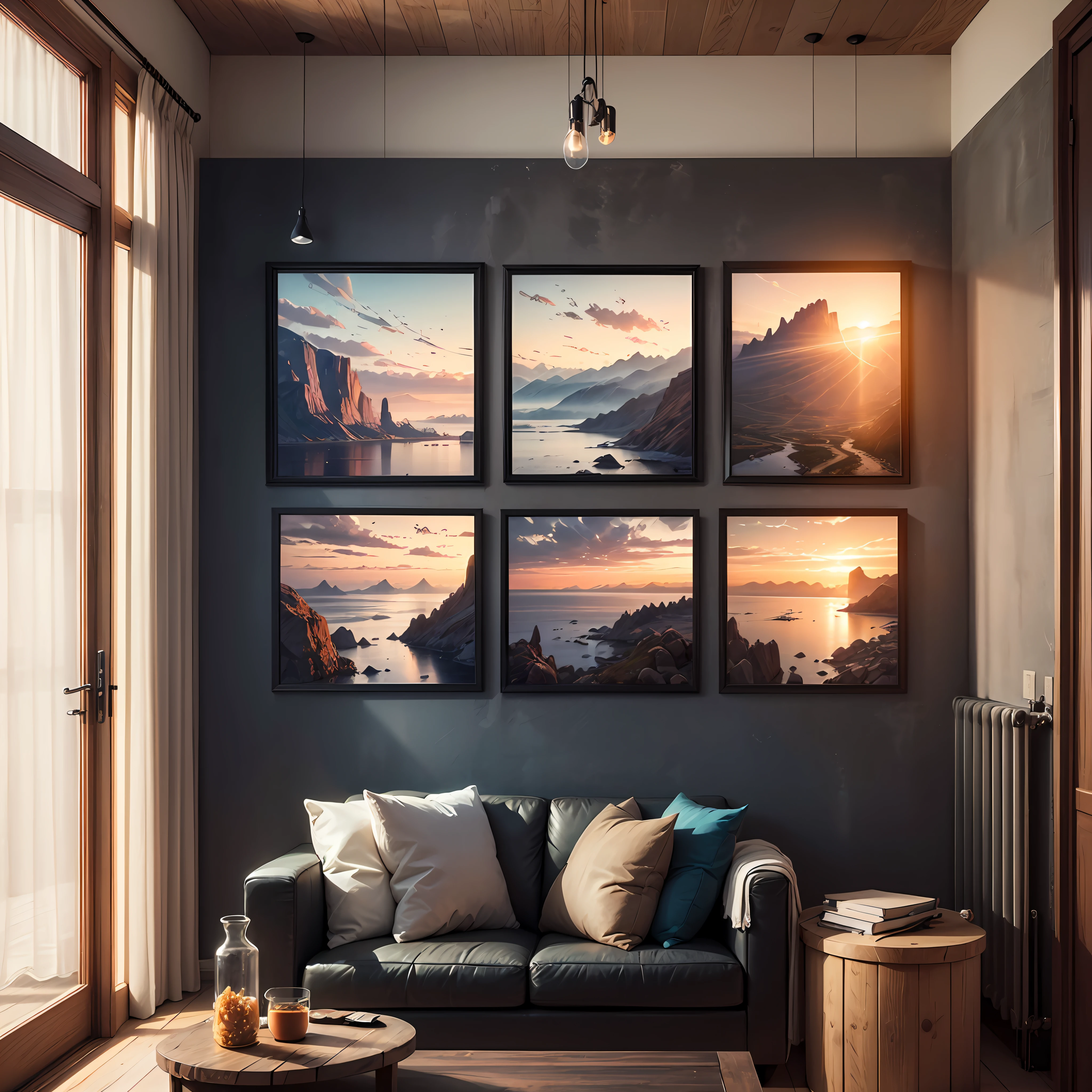 Gorgeous wall with a beautiful A1 size frame with high quality 4k, frame with high resolution black frame with a detailed landscape, a beautiful one of a sofa under the frame with fabric of valid cozy high resolution cinematic --auto