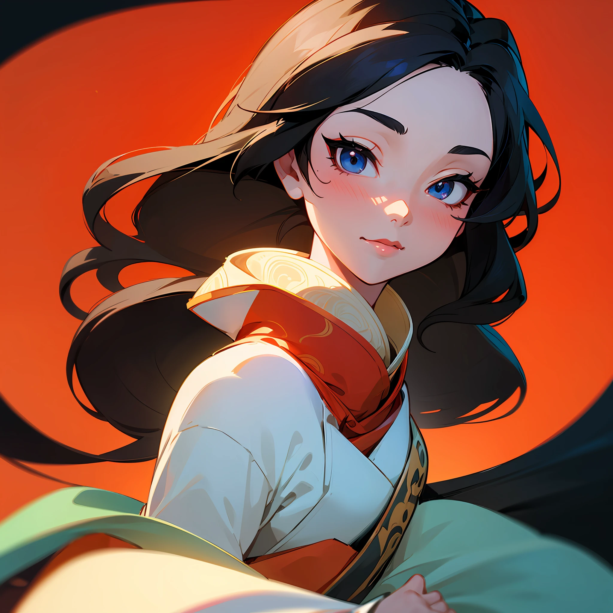 An anime-style cartoon image of a woman with long black hair, portrait of Mulan, Disney artist, by Disney, Chinese princess, half Asian, long chin, at Disney --auto