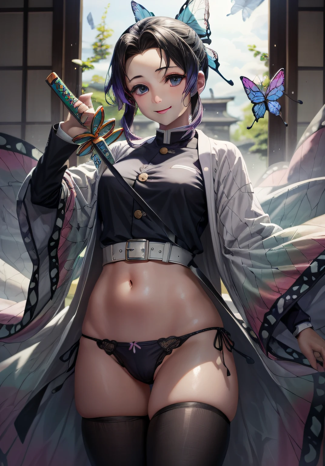 (Representative work: 1.2), (Best image quality: 1.2), Solo, Only Daughter, Shinobu Little Butterfly, Happy Smile, Big and Light Japan Sword, (White shirt: 1.4), Face, Realistic eyes, Lilac eyes, Wet face, Black hair, (Butterfly panties: 1.5), Micro panties, Taisho era, Spread your legs, from below, lift your skirt, show off your panties, lift yourself, Super mini skirt, (Dynamic Pose: 1.2), (Loincloth: 1.4)
