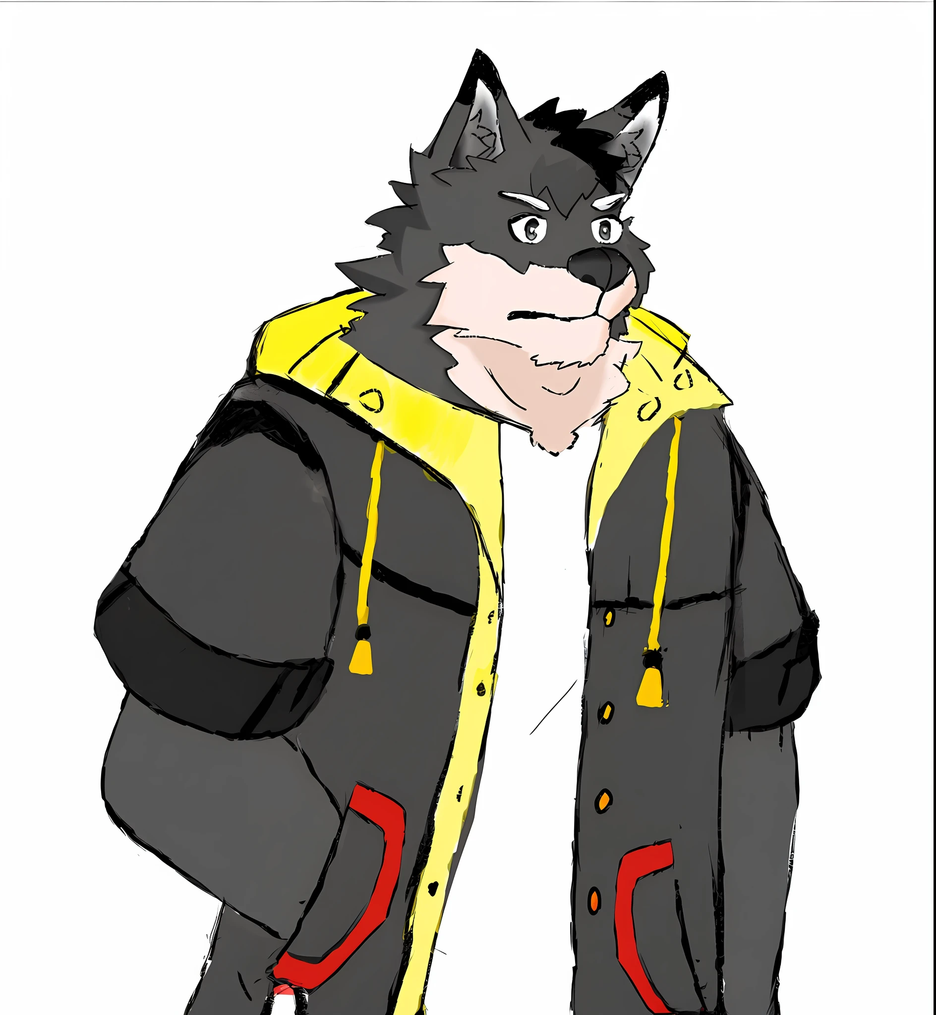 Black werewolf, dark gray storm jacket, handsome, in the sunset, by the sea