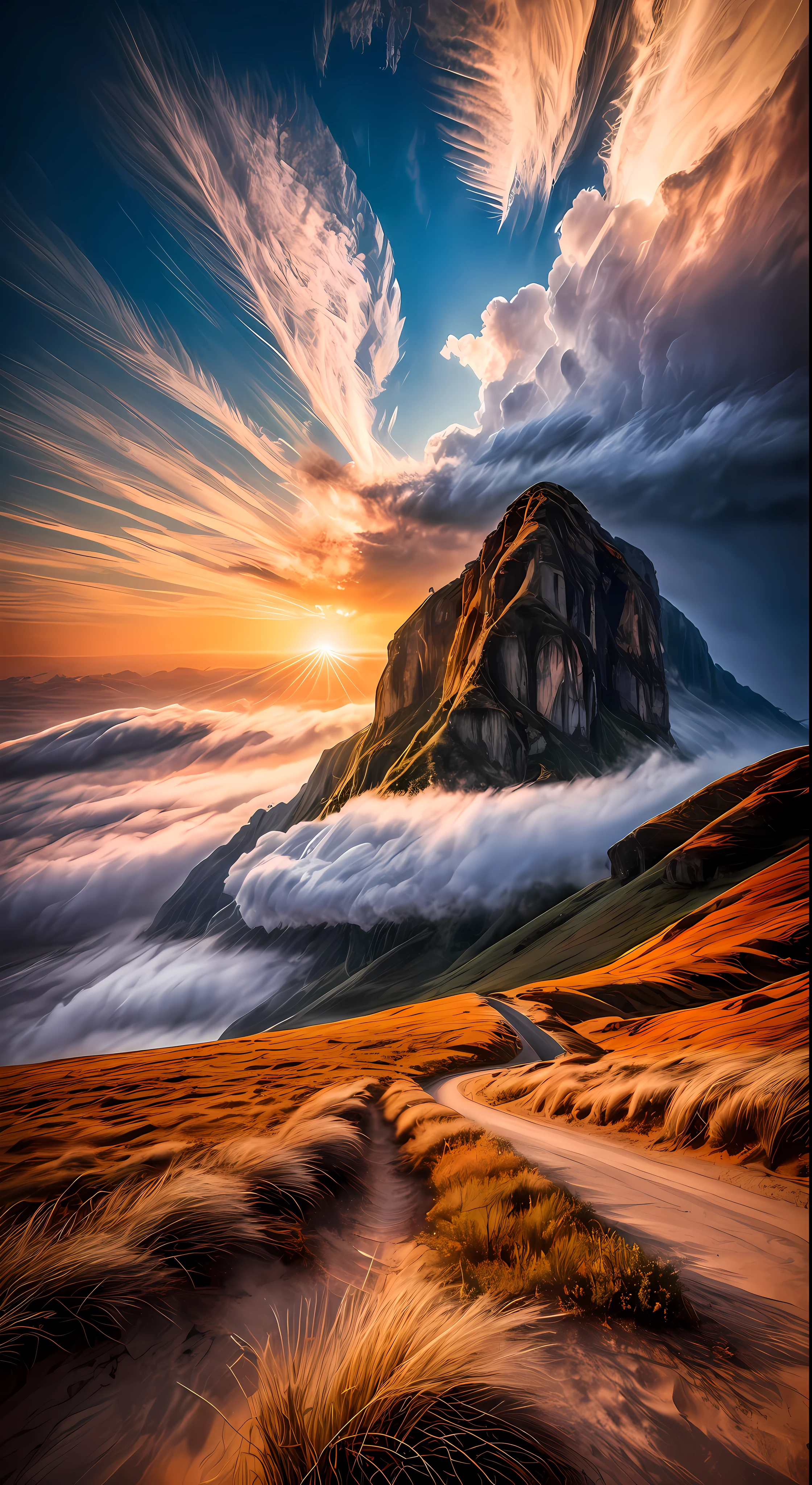 a beautiful masterpiece woman, ((masterpiece)), (((best quality))), ((ultra-detailed)), (Amazing:1.1), beautiful, nature, sky and ground, heavy wind, windswept, line cloud,Light shoot from the cloud, in a lush landscape, , award winning photo, Toshiba PDR M70 booscapes