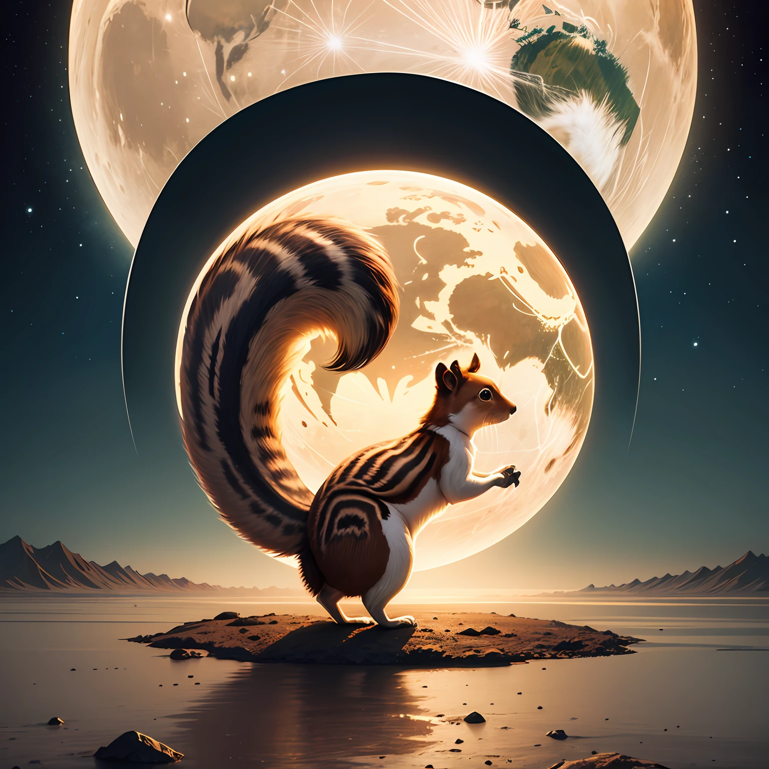 Standing on the surface of the moon, a giant squirrel. Earth visible in the background. Ukiyo-e style --auto