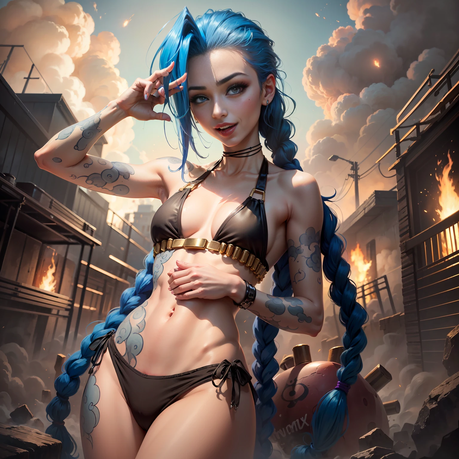 Jinx, lol, happy, in black bikini, looking at the spectator, moist body, big explosion in the background, sensuality in the body, small chest, tight bikini, purple iris, provocative, showing the tongue, breast beak marking, perfect hand with 5 fingers, prime work, best quality, all fingers of the hands