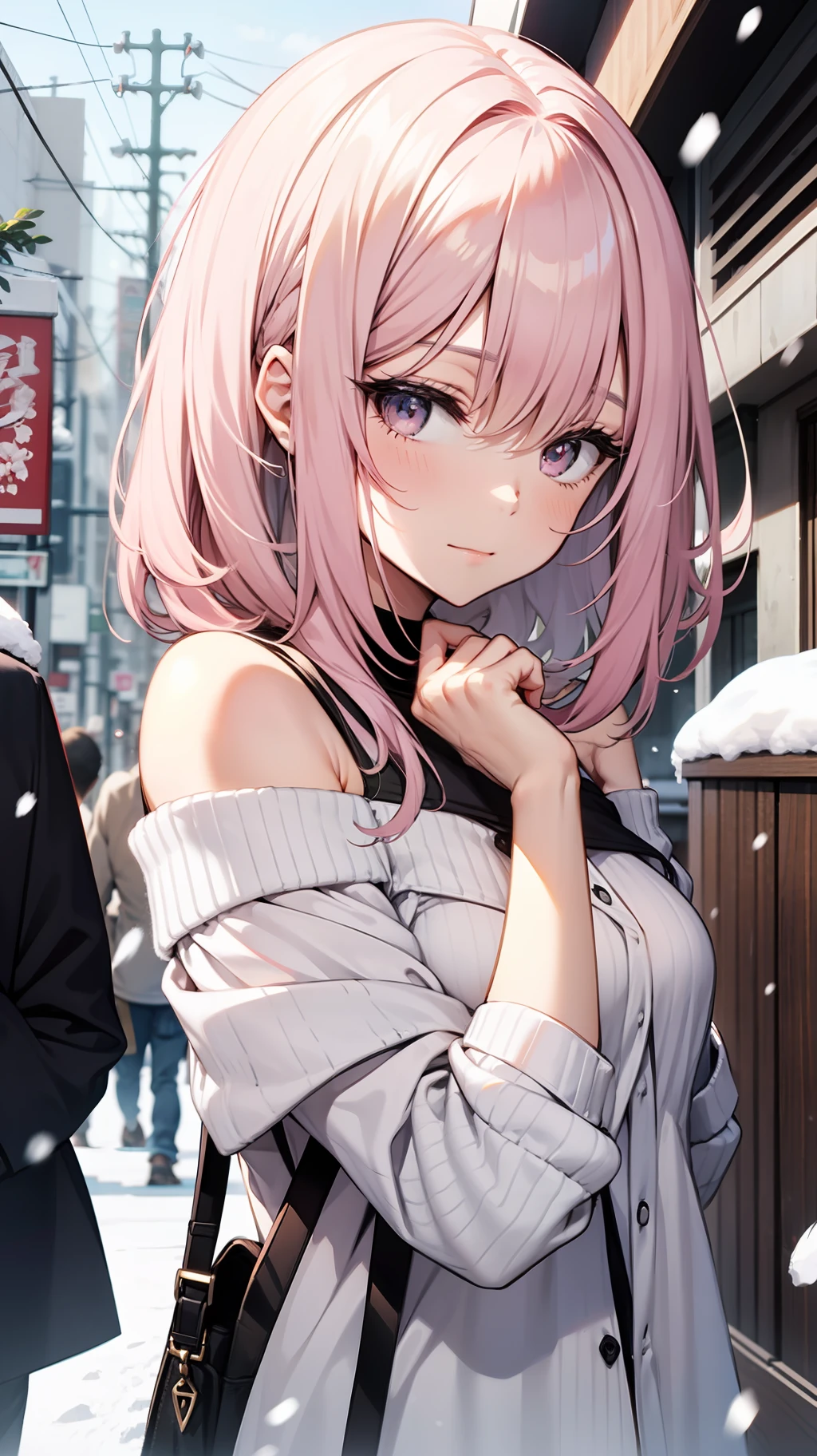 Pale pink hair, off-the-shoulder white shirt, snow, shyness,