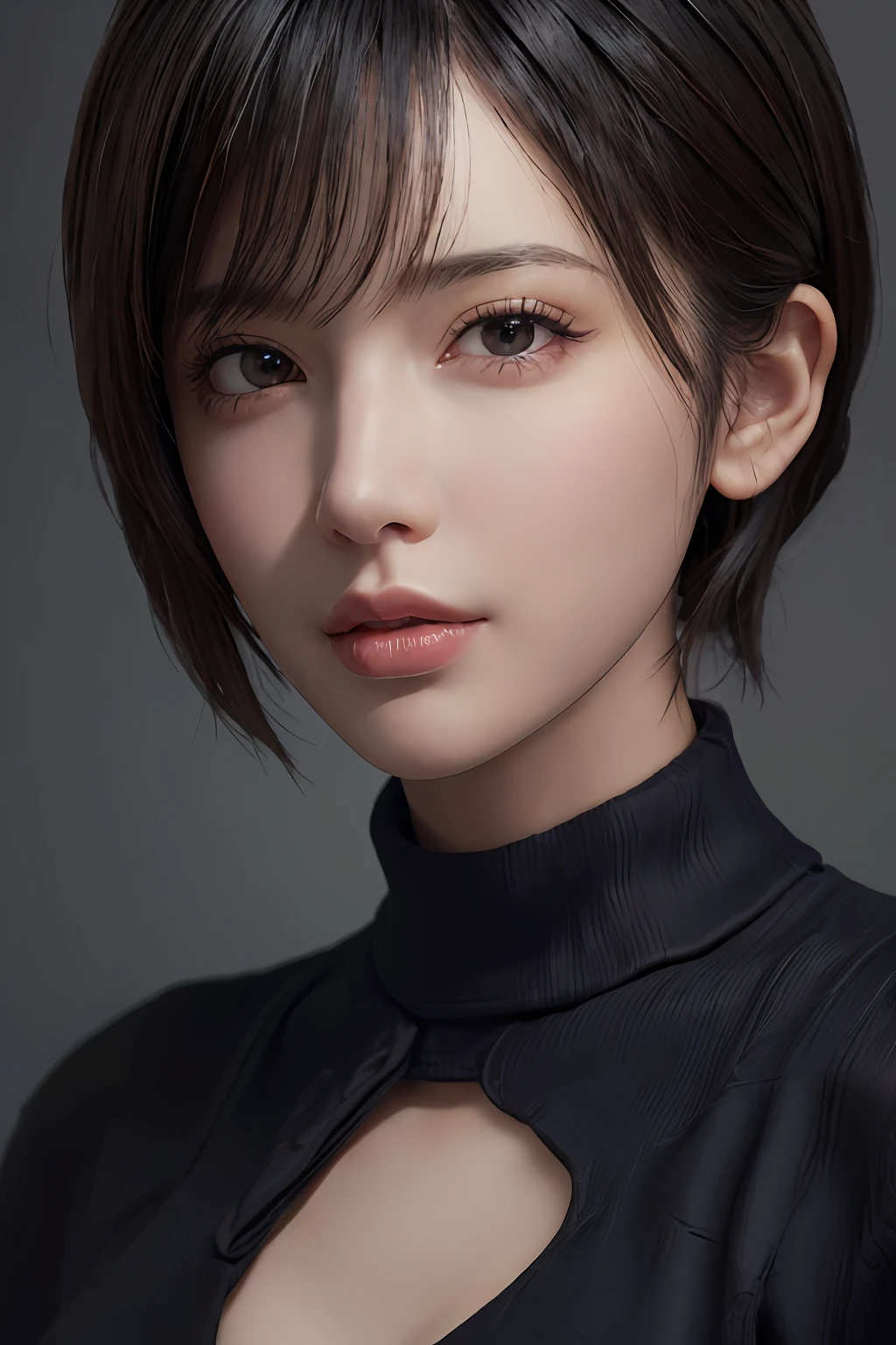 (masterpiece:1.3), (8k, photorealistic, RAW photo, best quality: 1.4), (1girl), beautiful face, (realistic face), (black hair, short hair:1.3), beautiful hairstyle, realistic eyes, beautiful detailed eyes, (realistic skin), beautiful skin, (sweater), absurdres, attractive, ultra high res, ultra realistic, highly detailed, golden ratio
