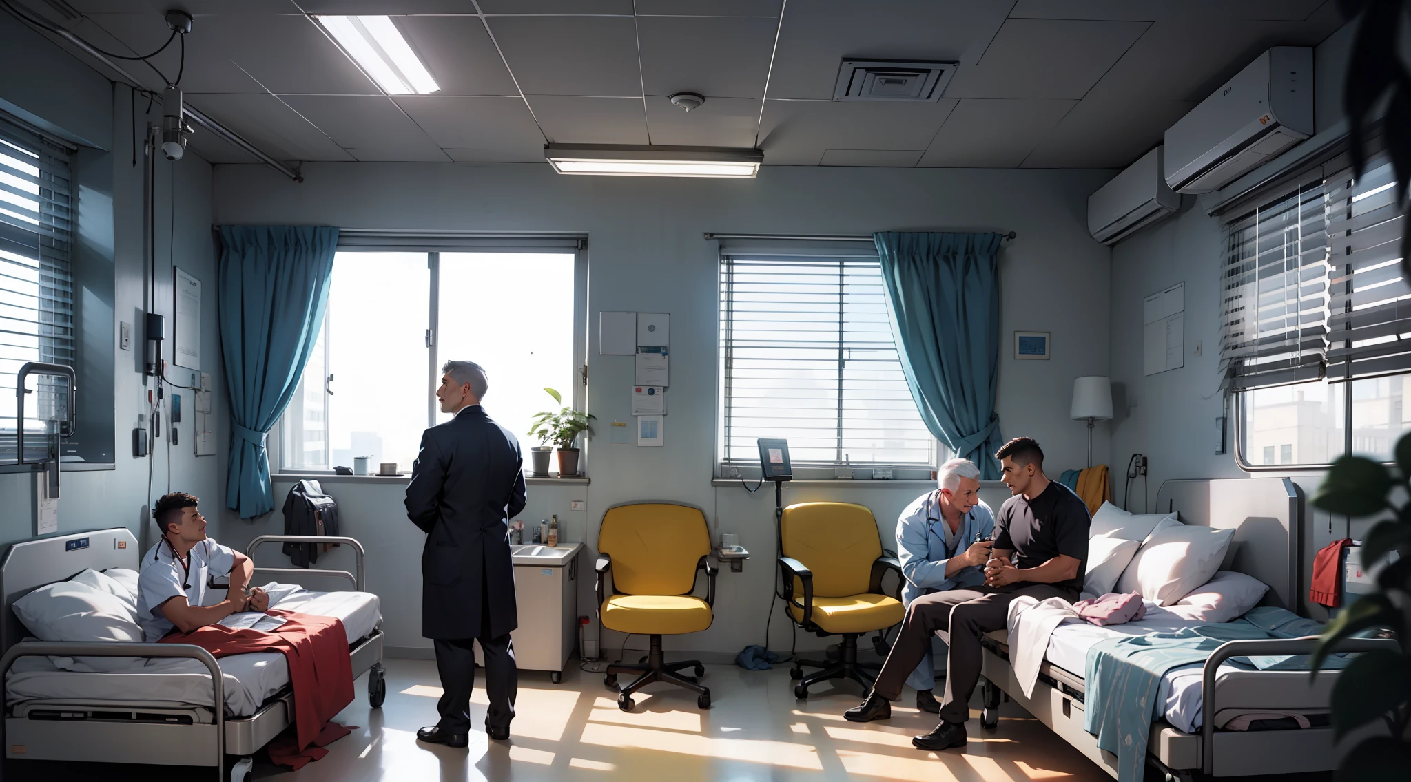 Three men chatting in a hospital ward