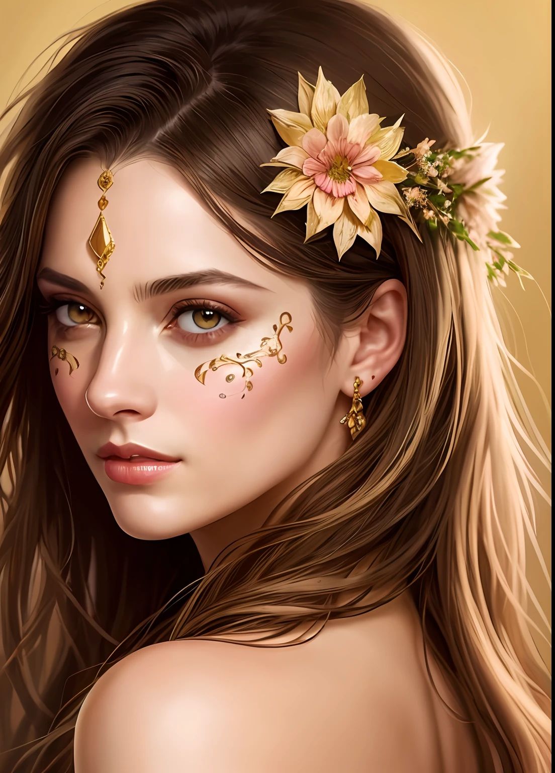 (symmetry:1.1) (portrait of floral:1.05) a woman as a beautiful goddess, (assassins creed style:0.8), pink and gold and opal color scheme, beautiful intricate filegrid facepaint, intricate, elegant, highly detailed, digital painting, artstation, concept art, smooth, sharp focus, illustration, art by greg rutkowski and alphonse mucha, 8k