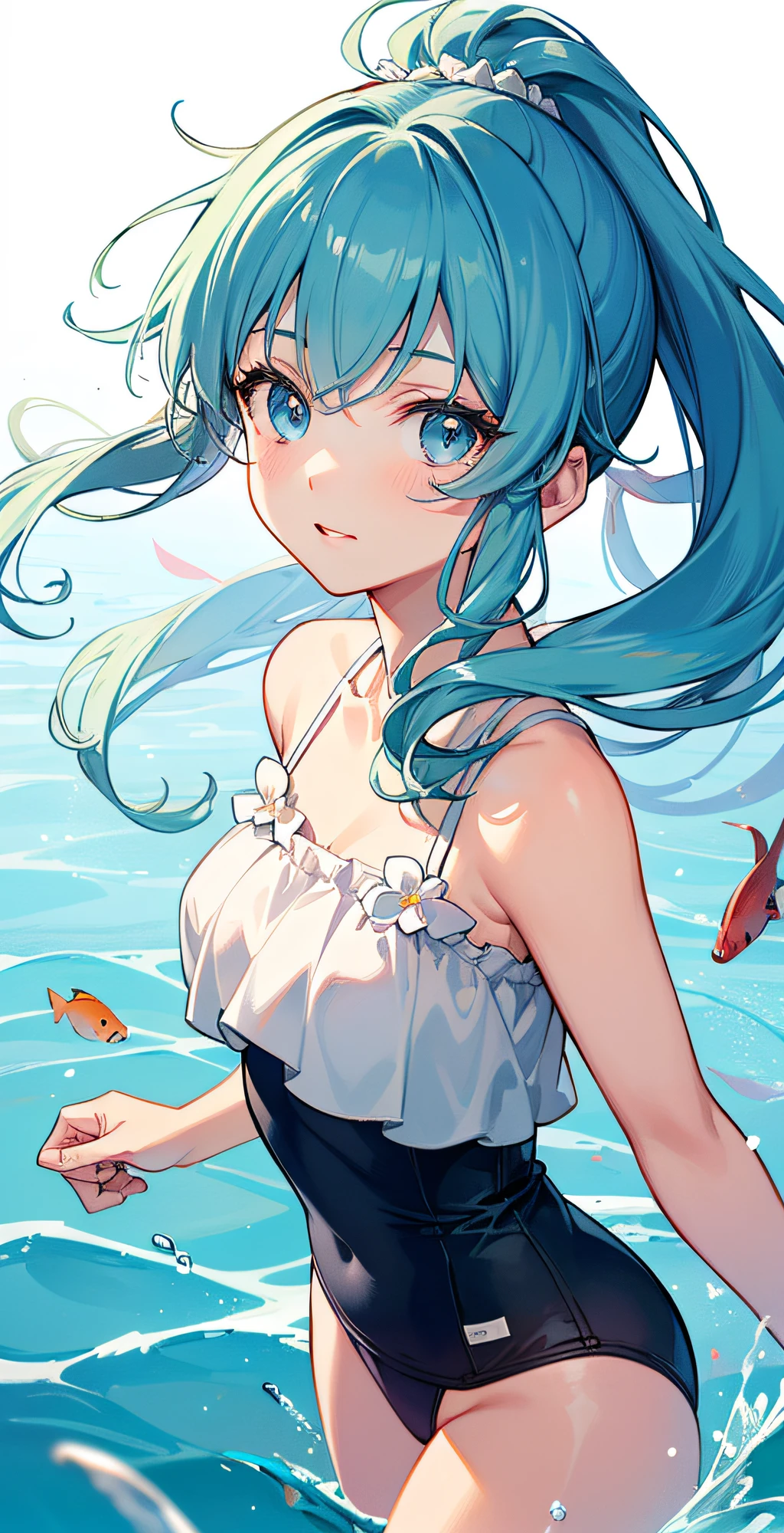 (masterpiece), (best quality), (ultra detailed),(disheveled hair),(illustration), (1girl), (Fashionable clothing), standing, Fashion model, looking at viewer, (interview), (simple background),beautiful detailed eyes, delicate beautiful face, Floating,(high saturation),(colorful splashes),colorful bubble,(shining), focus on face, ponytail, kamisato ayaka, light blue hair, bangs, hair ring, floating flowers, floating hairs, (shining), best lighting, best shadow,masterpiece, top quality, best quality, swimsuit party, in the water,fish,watermelon,cute style, perfect structure, summer theme