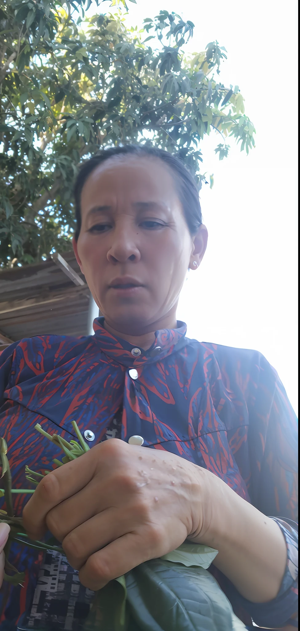 there is a woman holding a bunch of green beans in her hands, inspired by Ruth Jên, dang my linh, very very low quality picture, vietnamese woman, 3 0 years woman, profile image, nuttavut baiphowongse, portait image, very very precise, by Ruth Jên, photo taken in 2 0 2 0