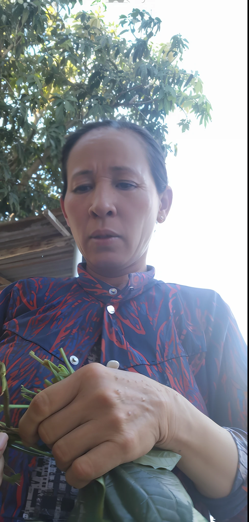 there is a woman holding a bunch of green beans in her hands, inspired by Ruth Jên, dang my linh, very very low quality picture, vietnamese woman, 3 0 years woman, profile image, nuttavut baiphowongse, portait image, very very precise, by Ruth Jên, photo taken in 2 0 2 0