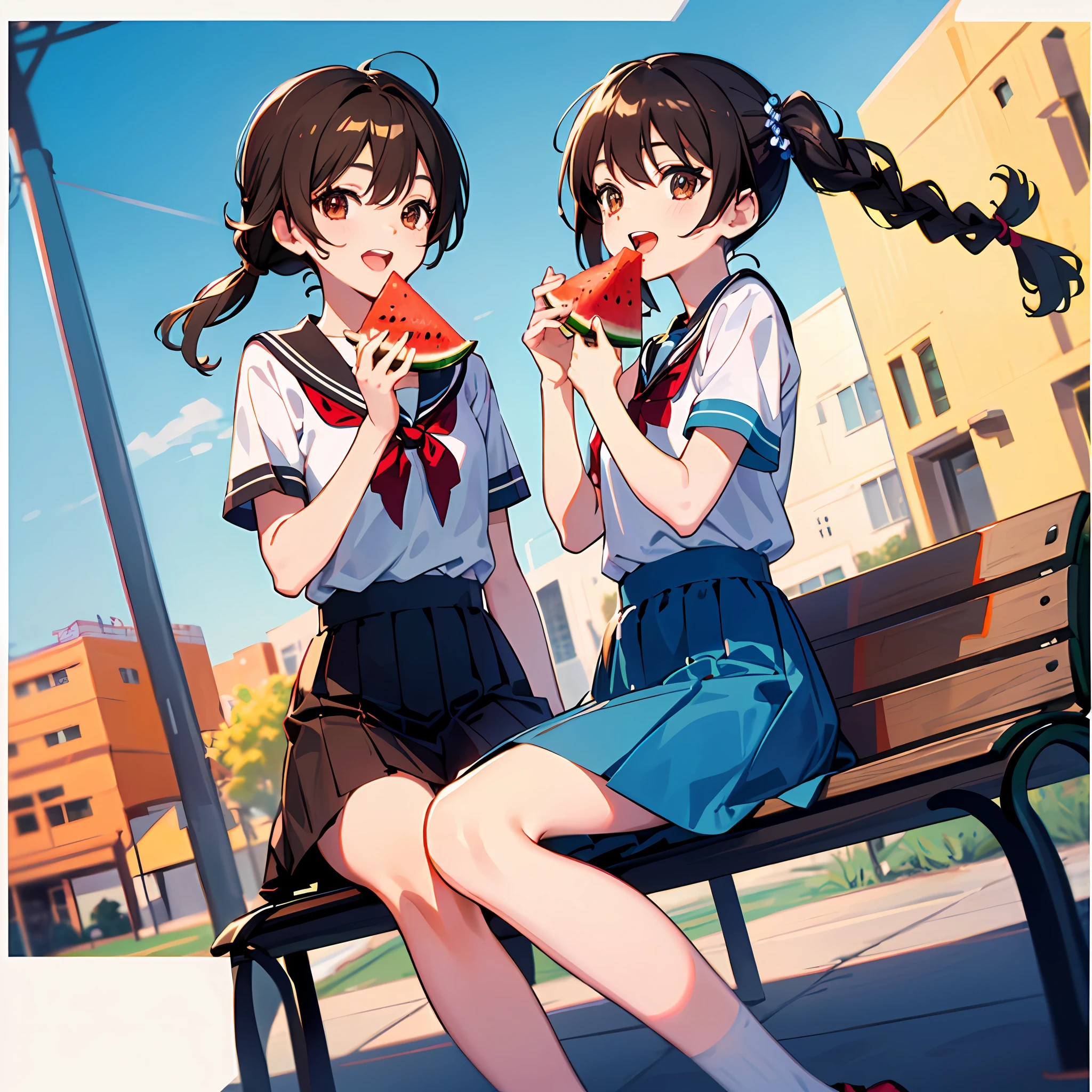 High resolution: 1.7, incredibly ridiculous, cute: 1, cute: 1.5, hires.fix: 1.5, anime visuals: 1, incredibly fine illustrations, crystal clear white skin, sensual, full body, two girls, junior high school student, (((14 years old)), eating watermelon bar, beautiful brown hair, sitting on a bench and eating side by side, one child has black hair, eyes are kind, twin tails, Braid, smile and look delicious, low angle, open mouth