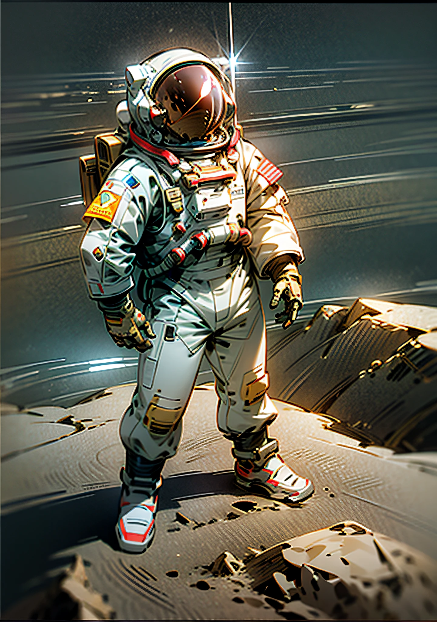 sketch of An astronaut standing on the moon ,sand::1, Retro, Ocean Vision, Long Range Crater of Meteorite, rule of thirds composition, closeup view, Volumetric light