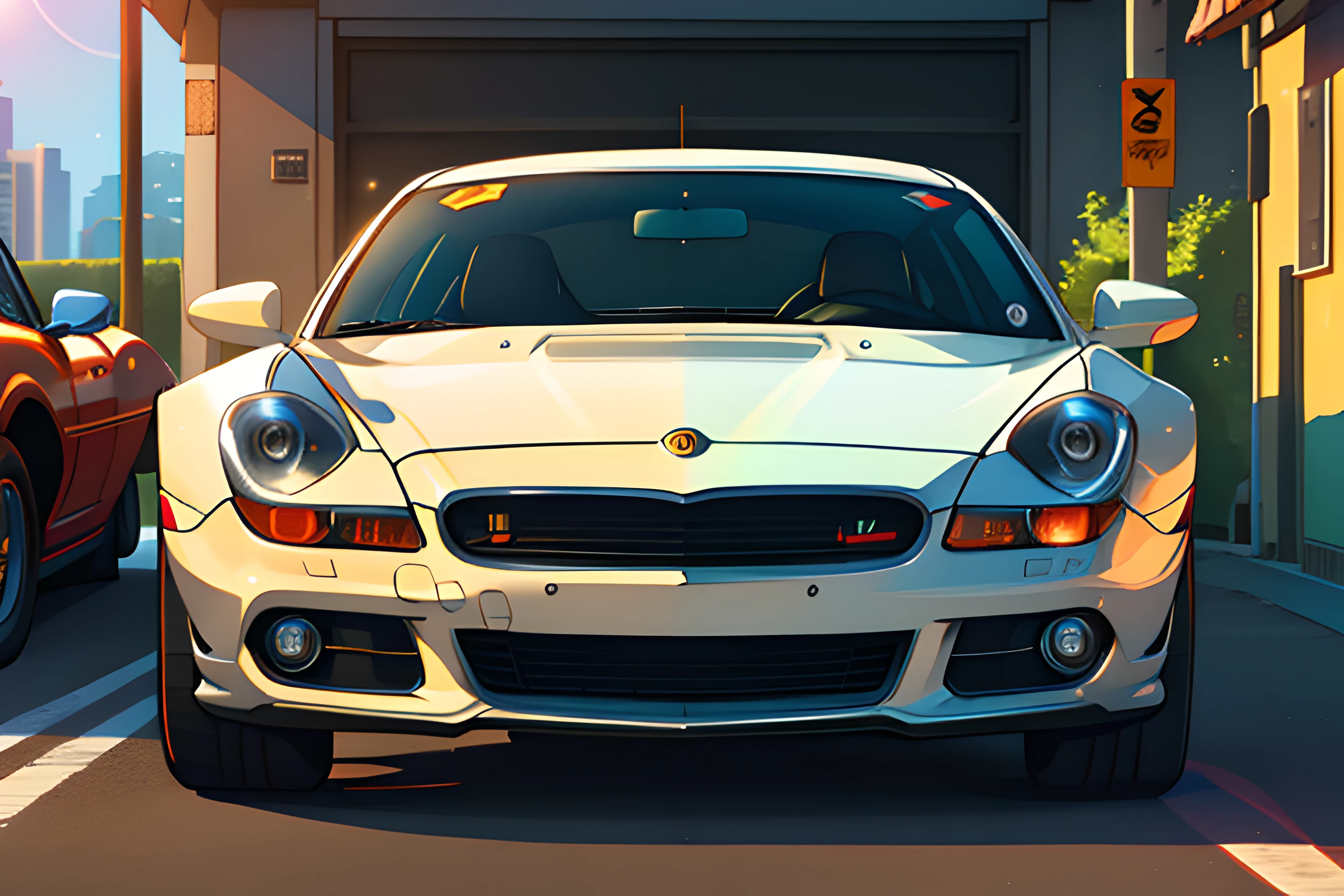 (masterpiece)+, (Best Quality)+, (Intricate Detail)+, design me the most beautiful car in the world, white paint with orange highlights, showroom concept, lens flare, camera artefact, professional photographer, 4k, HDR, longitudinal symmetry