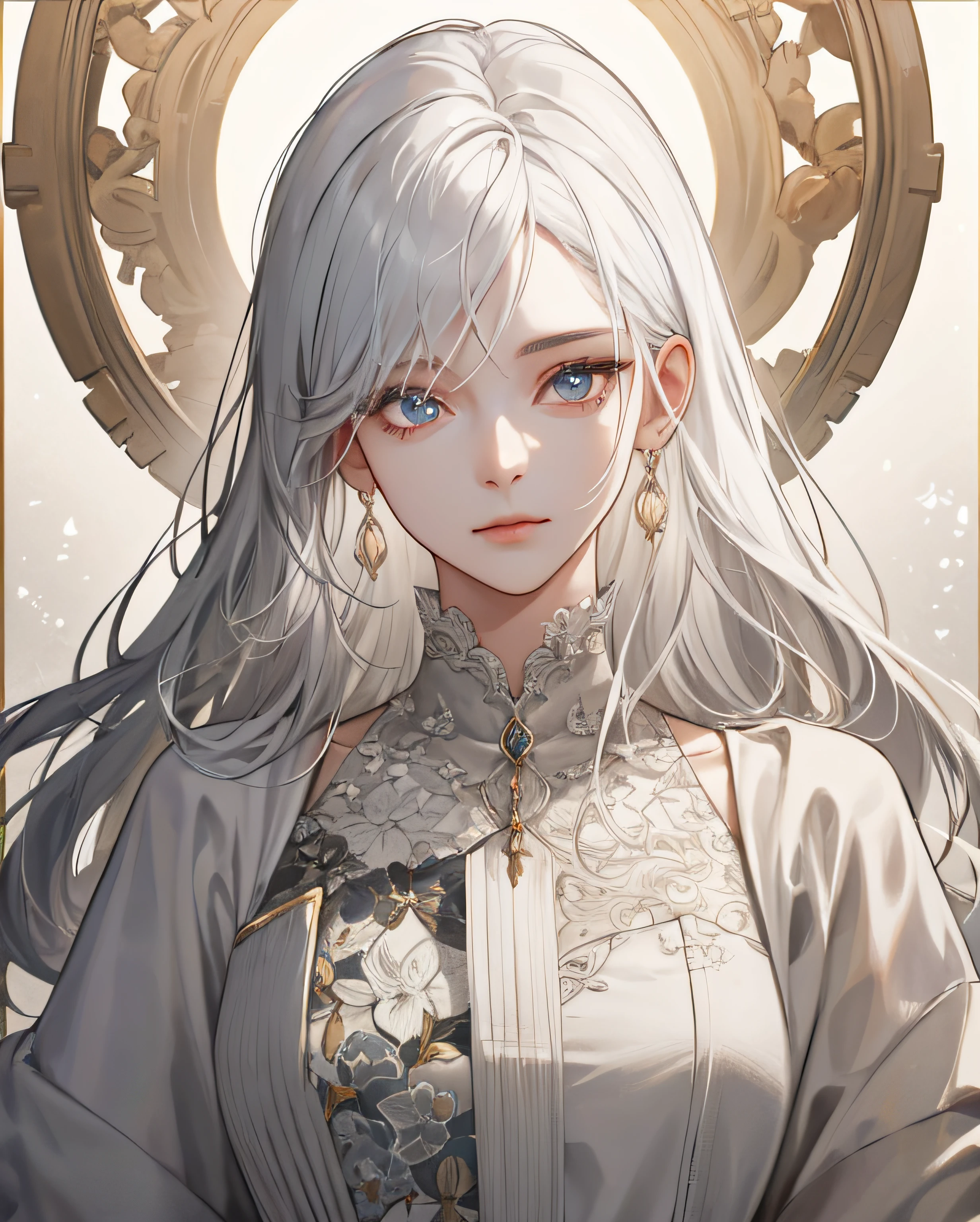 (Extremely Delicate and Beautiful:1.2), 8K ,(Masterpiece:1.0),(best_quality:1.0), 1girl, mature woman, complex details, enlarged textures, complex details, finely detailed eyes and detailed face, intricate details, white hair, (closed mouth), perfect eyes, equal eyes, (goddess), perfect body, extremely detailed