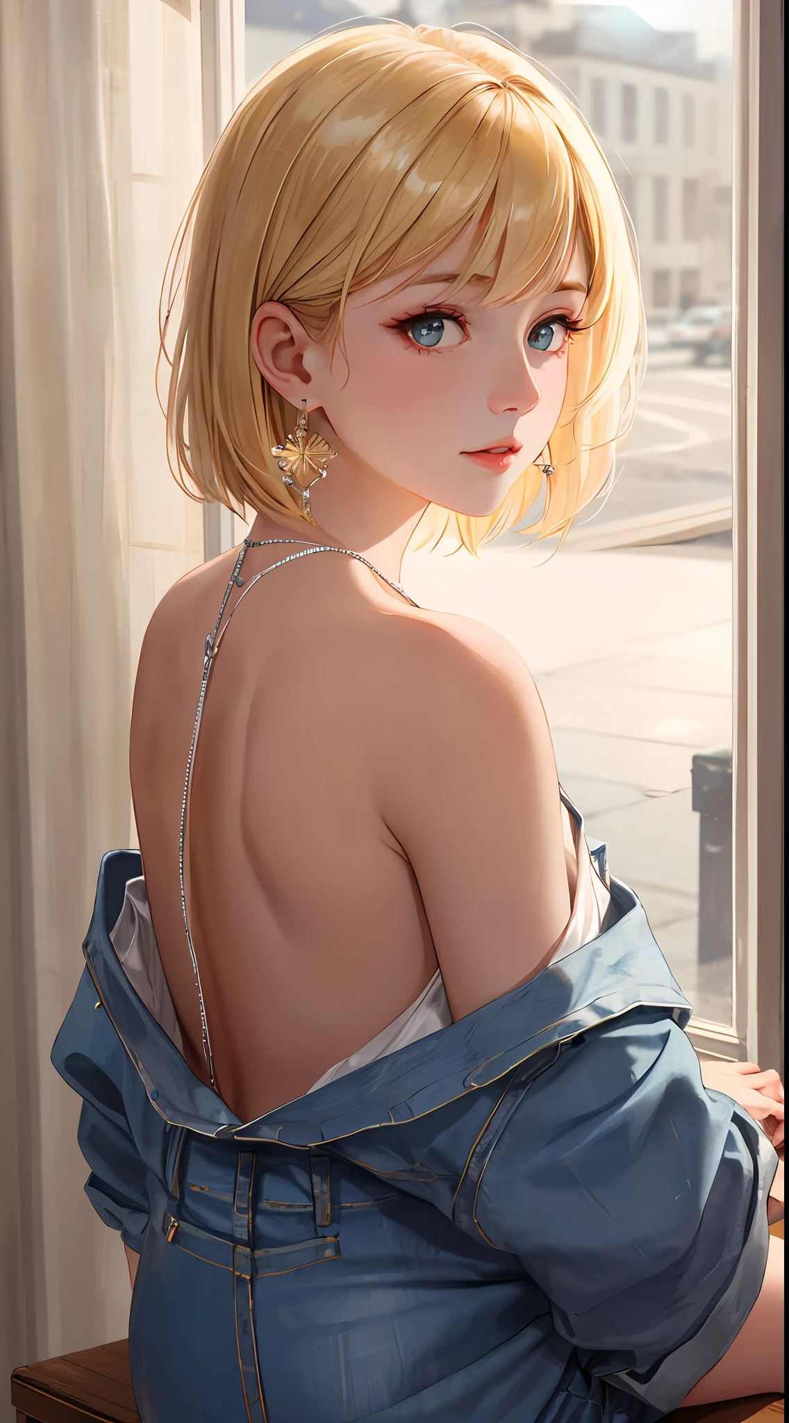 Realistic, Top Quality, 8K UHD, DSLR, Soft Lighting, High Quality, Film Grain, Fujifilm XT3, Intricate Details, Depth of Field, Girl 20 years old, Sitting, (Lens flare, Backlight:1.2), (Blonde, Short hair), Earrings, Hair ornament, Off-shoulder, Look at viewer, Flash, (Short hair)), Lovely hairstyle, Very nice hairstyle, Very Short, great style,