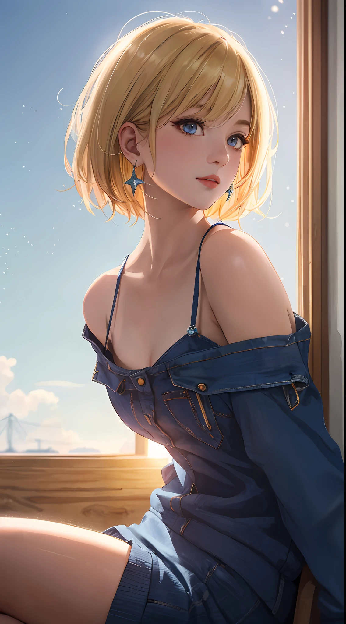Realistic, Top Quality, 8K UHD, DSLR, Soft Lighting, High Quality, Film Grain, Fujifilm XT3, Intricate Details, Depth of Field, Girl 20 years old, Sitting, (Lens flare, Backlight:1.2), (Blonde, Short hair), Earrings, Hair ornament, Off-shoulder, Look at viewer, Flash, (Short hair)), Lovely hairstyle, Very nice hairstyle, Very Short, great style,
