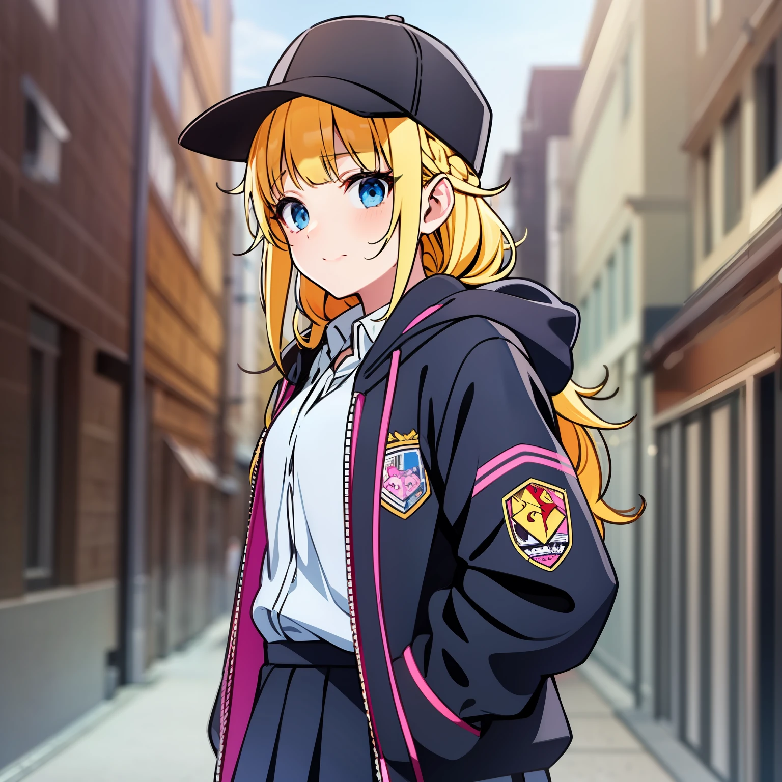 Yellow hair, standing, 1 girl, school uniform, jacket, Black cap, Eiko Tsukimi