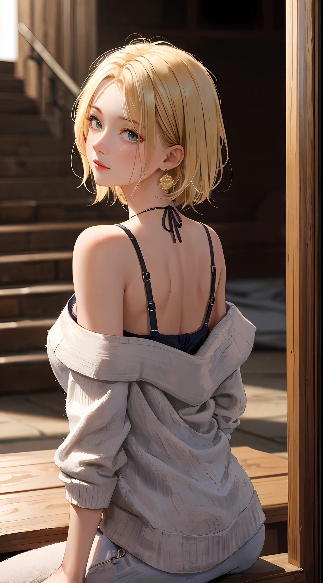 Realistic, Top Quality, 8K UHD, DSLR, Soft Lighting, High Quality, Film Grain, Fujifilm XT3, Intricate Details, Depth of Field, Girl 20 years old, Sitting, (Lens flare, Backlight:1.2), (Blonde, Short hair), Earrings, Hair ornament, Off-shoulder, Look at viewer, Flash, (Short hair)), Lovely hairstyle, Very nice hairstyle, Very Short, great style,