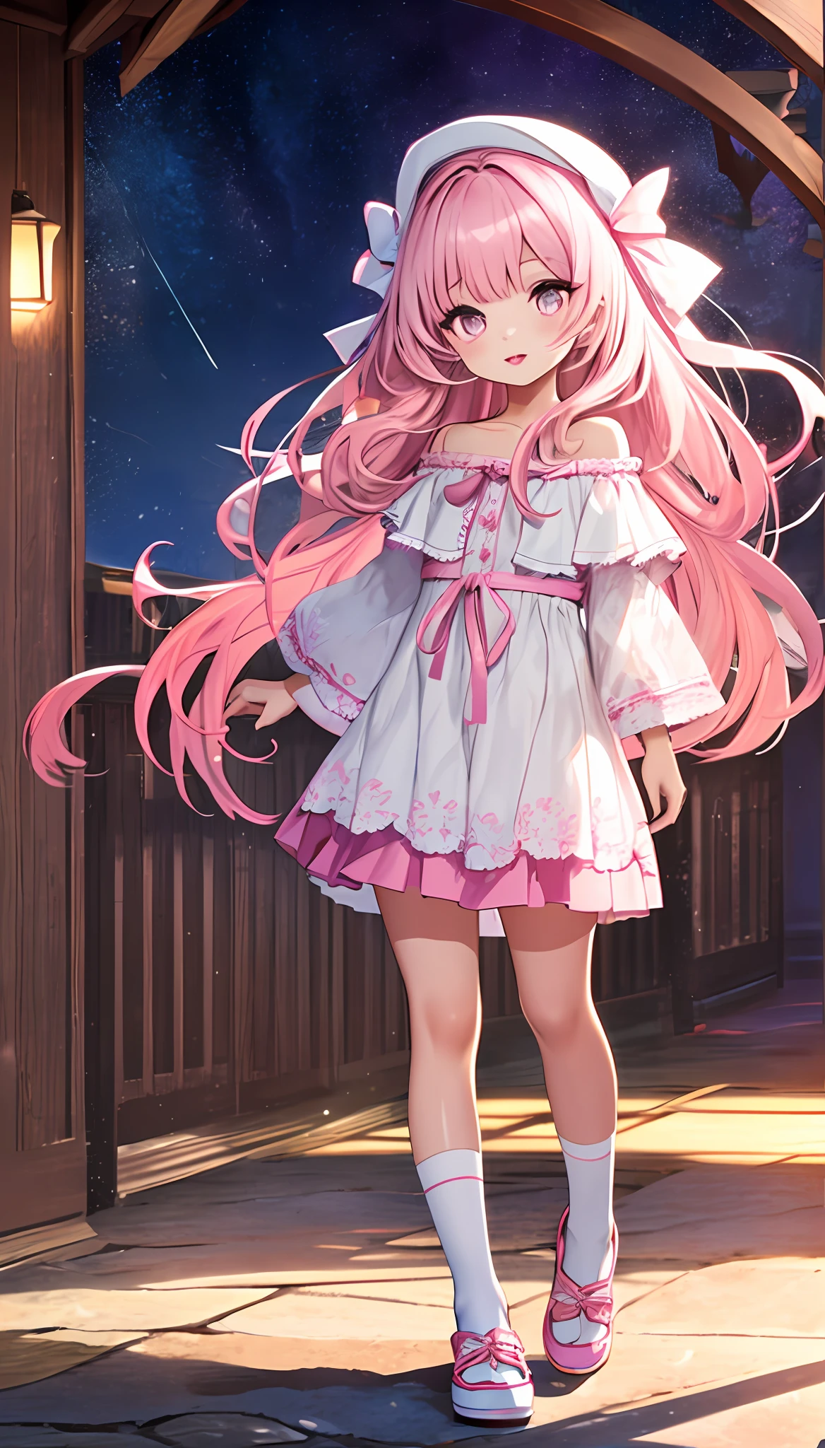 A cute little girl with pink lips, wearing a white off-the-shoulder shirt, light pink long hair, full body, miniskirt, jade feet