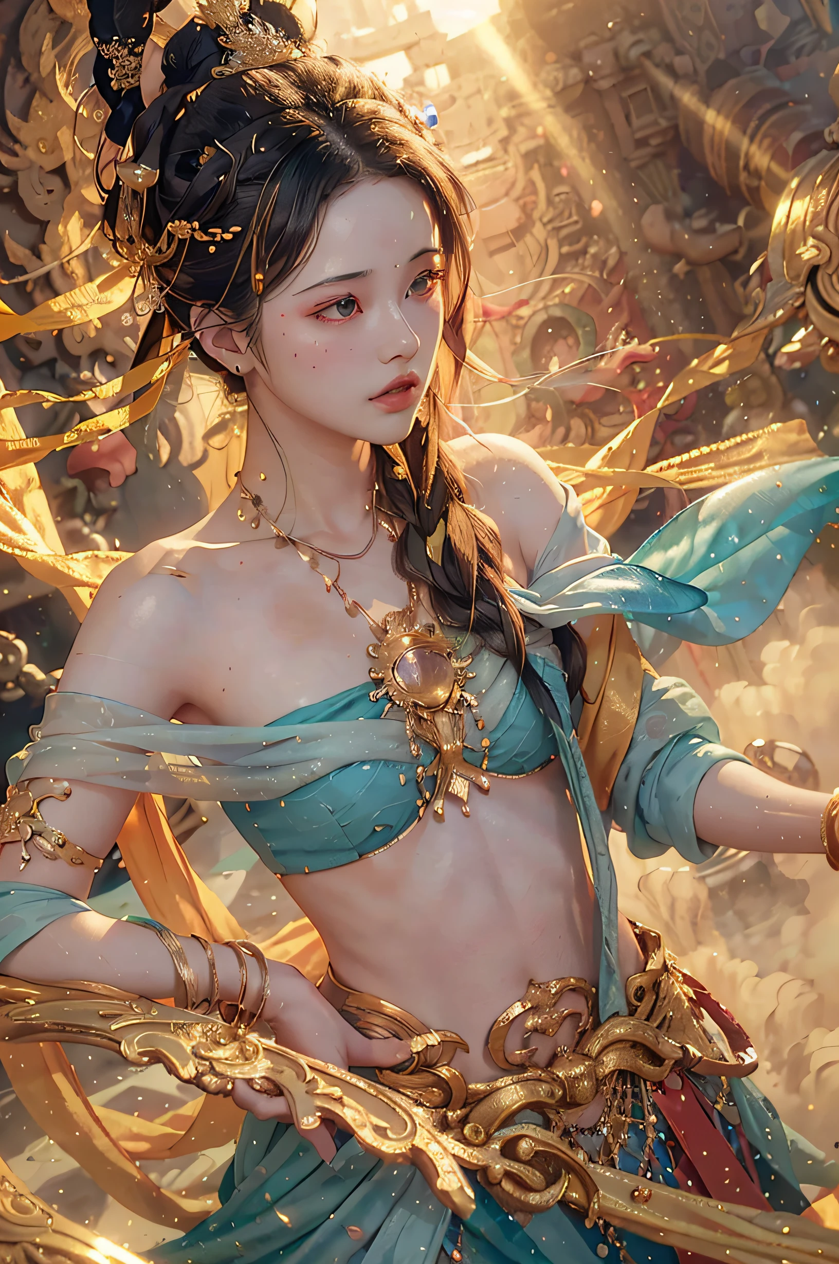(RAW photo, best quality), (realistic, photo-realistic:1.3),best quality,highly detailed,masterpiece,ultra-detailed,illustration,1girl,upper_body,dynamic angle,world masterpiece theater,messy_long_hair,best quality,extremely detailed CG unity 8k wallpaper,ink,Amazing,cinematic lighting,lens_flare,,dunhuang_style