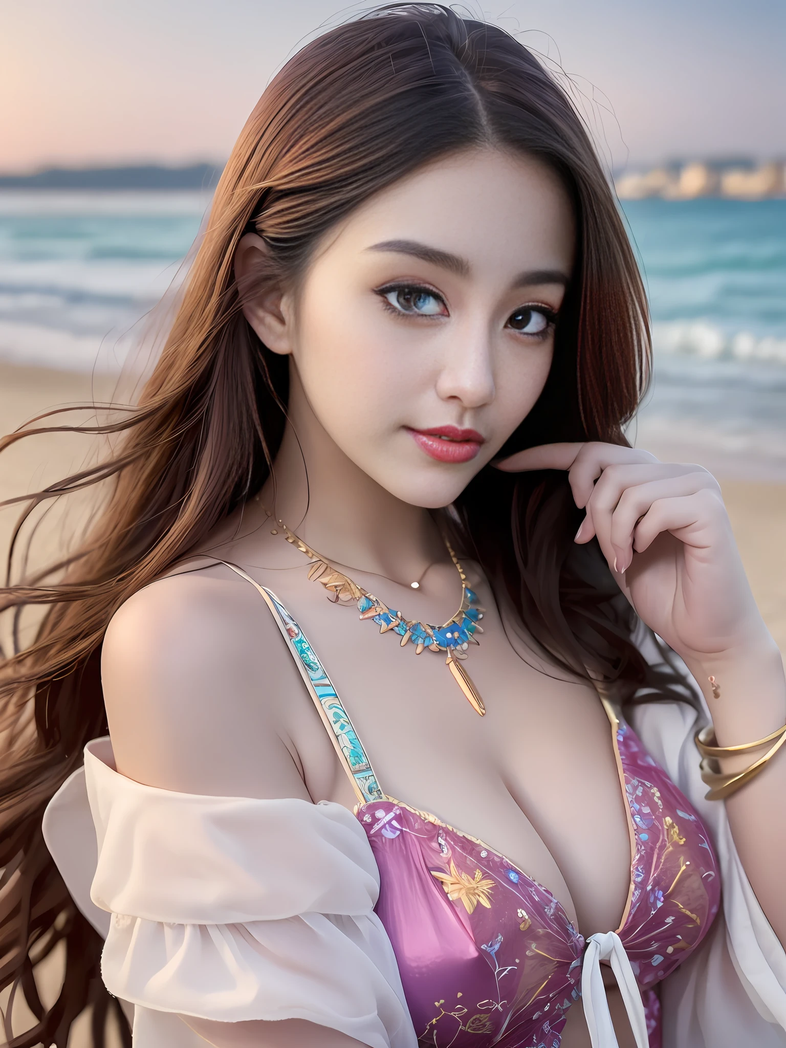 (best quality:1.1) ,(photorealistic:1.1), (photography:1.1), (highly detailed:1.1), looking at viewer,armlet, Jade bracelet, eyelashes, happy, medium breasts,beautiful detailed girl, (extremely detailed eyes and face), (lighting on face),necklace,Colorful clothes, [chinese clothes],[off shoulder], (solo:1.2), sandbeach,sand,Standing by the seaside, summer, (beautiful detailed sky),seethru,