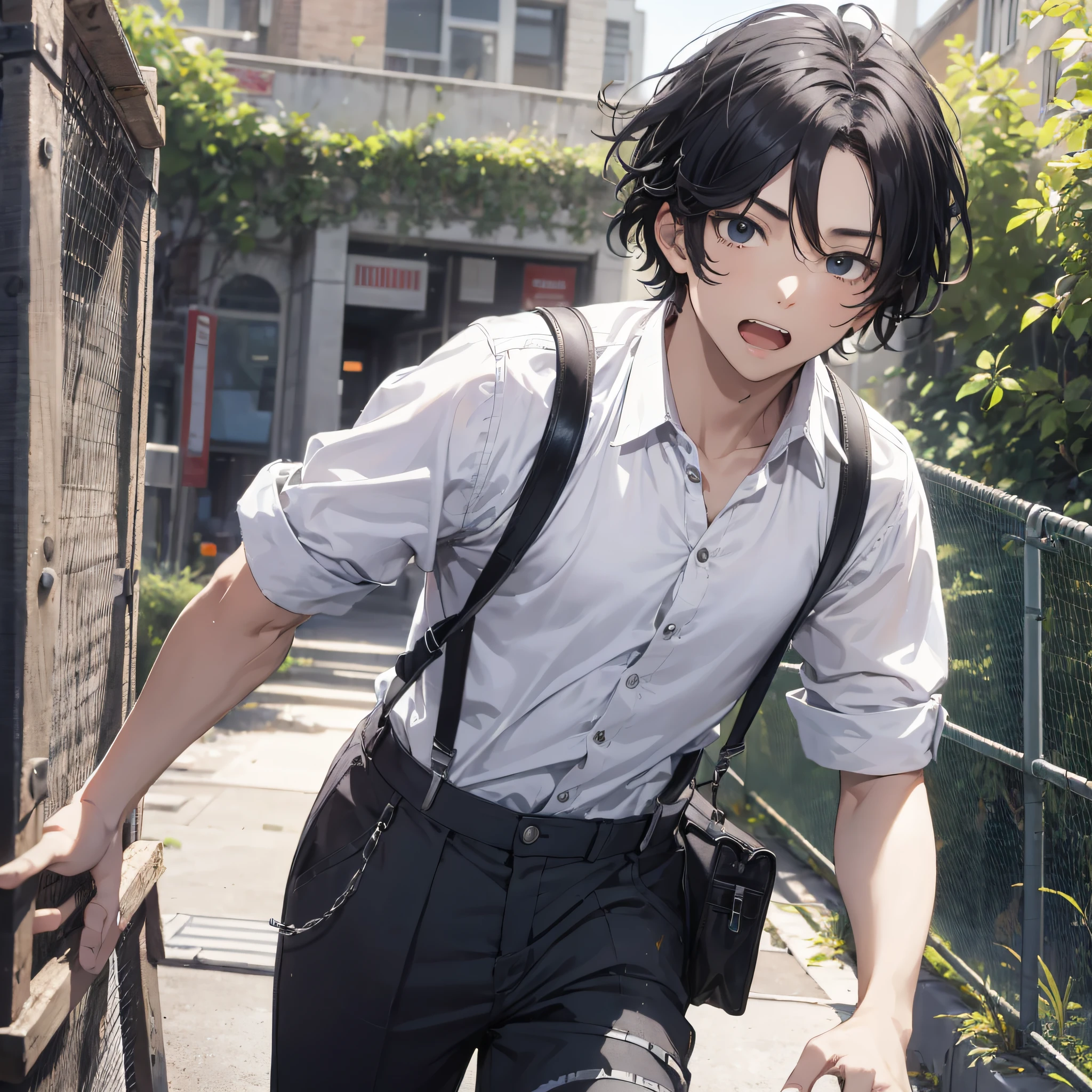 Ridiculous resolution, high resolution, (masterpiece: 1.4), hyper-detail, playground, young man messy black hair, white suspenders, running, surprised expression, school building