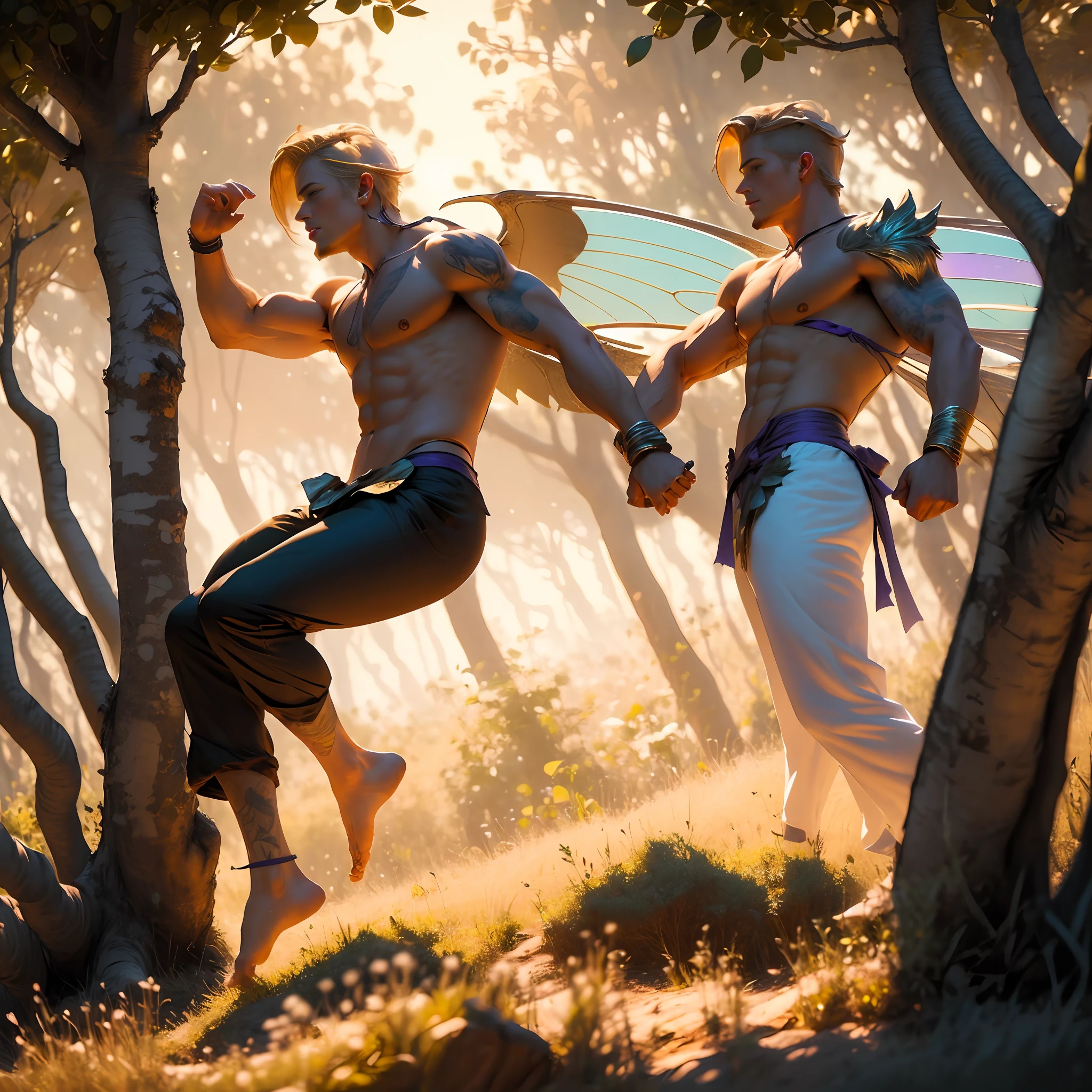 Fairy male blonde man with gold and purple details, large wings, flying in the air, vegetation blurred background, soft colors, soft light, sunset light, smooth light, symmetrical, full body, cinematic movie --auto