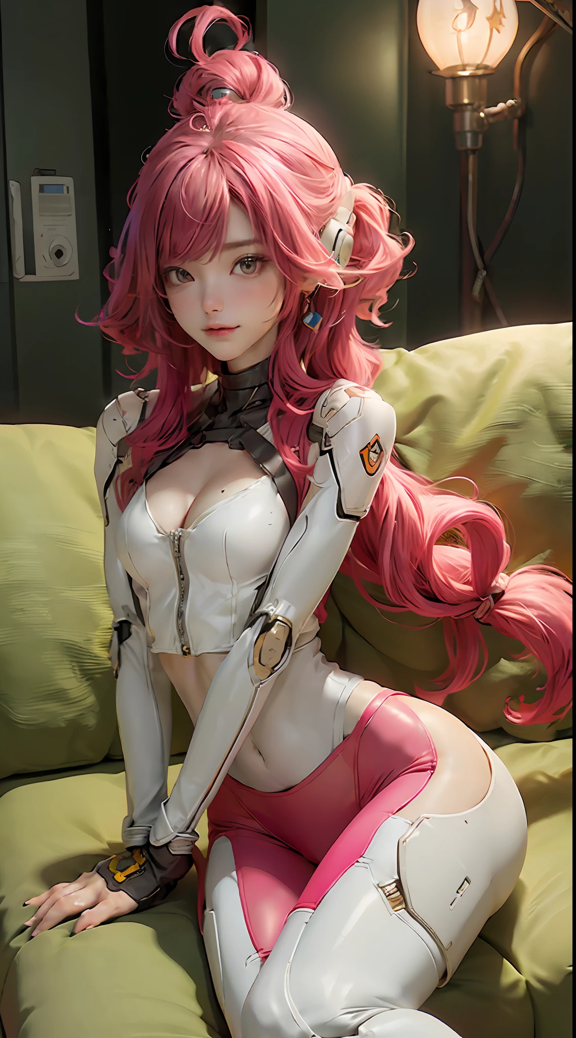 sitting on sofa, pink color, head and full body and full legs, Extremely cute human eighteen year old girl face, human torso, human huge boobs, human abdomen, human hips, human arms, mechanical legs, arms and legs with hard white shiny shell and black joints, very beautiful and feminine, short, petite, small, small, busty buttocks, medium bust, cleavage display, flat belly display, partial helmet with antenna on the ear, black robot joints, very stylish, award-winning product design, black rubber tights, The shiny white metal breastplate opens at the cleavage and abdomen, the white metal buttocks are wrinkled, and the armor has stylish, glowing trims