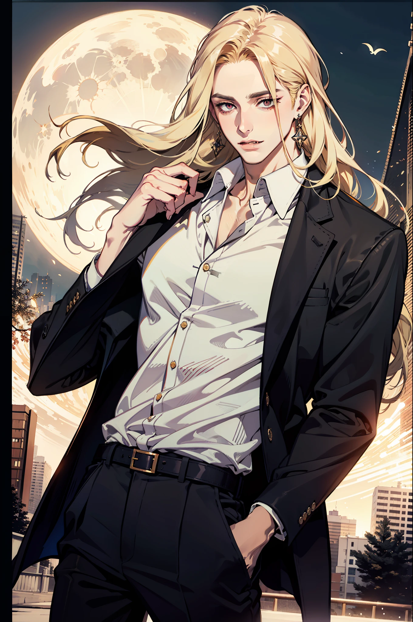 (absurdres, highres, ultra detailed), 1man, 30 years old man, adult man, handsome, tall,, finely detailed eyes and detailed face, leather pants, white shirt, night, smile, dutch angle, ((long hair, blonde hair)), moon, gold details, earrings, gothic, vampire, vampire prince, dark, simple clothes, looking at the view, pale skin, red detailed eyes, (masculine), sexy, elegant, long bangs, (((no jacket)))
