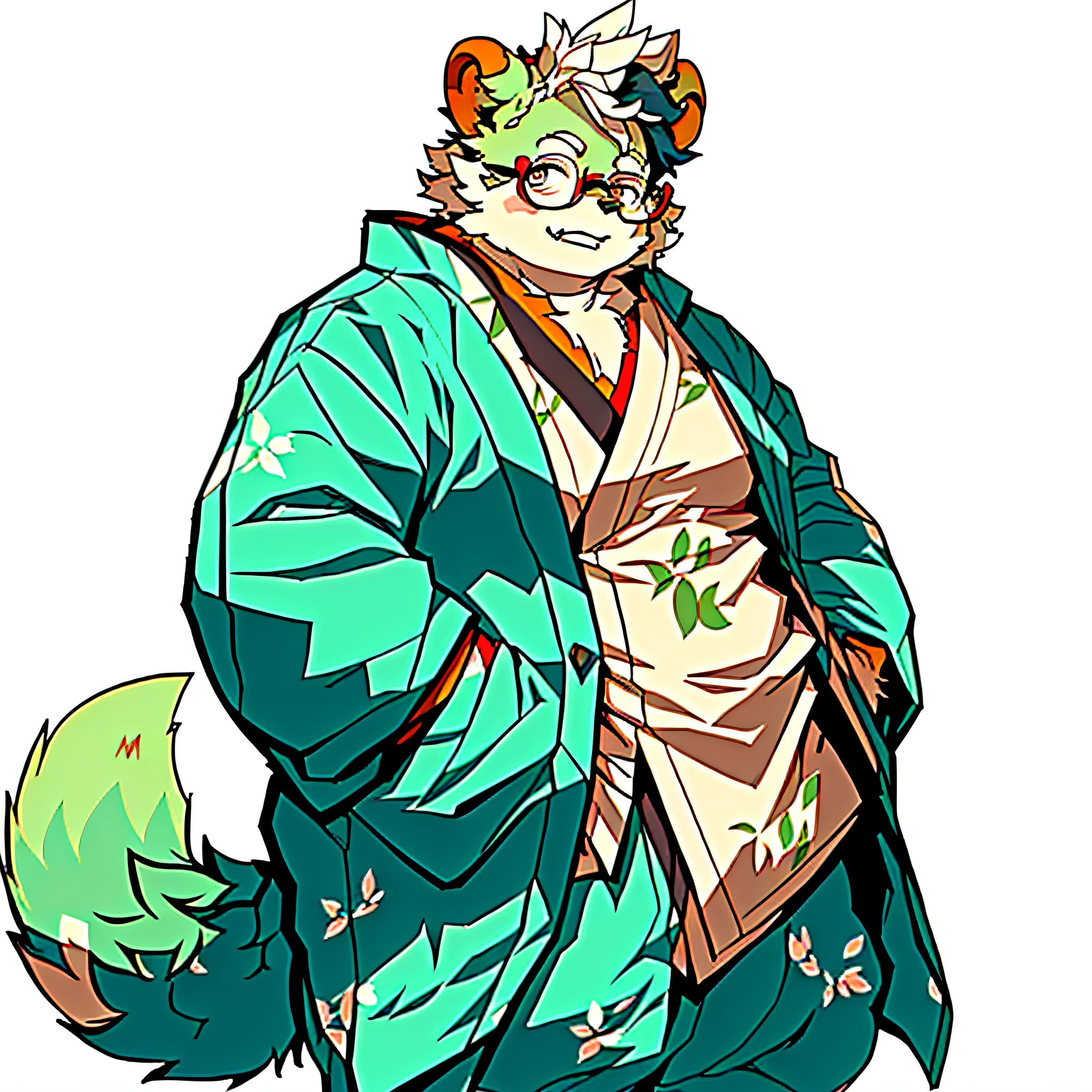 The bear orc, dressed in a gorgeous kimono, in the cherry blossom forest, slightly fat, thick arms, furry, hairy, male, is a small fat man, young, body hair is white, dazzling sunlight, wearing round-rimmed glasses, cute fat face