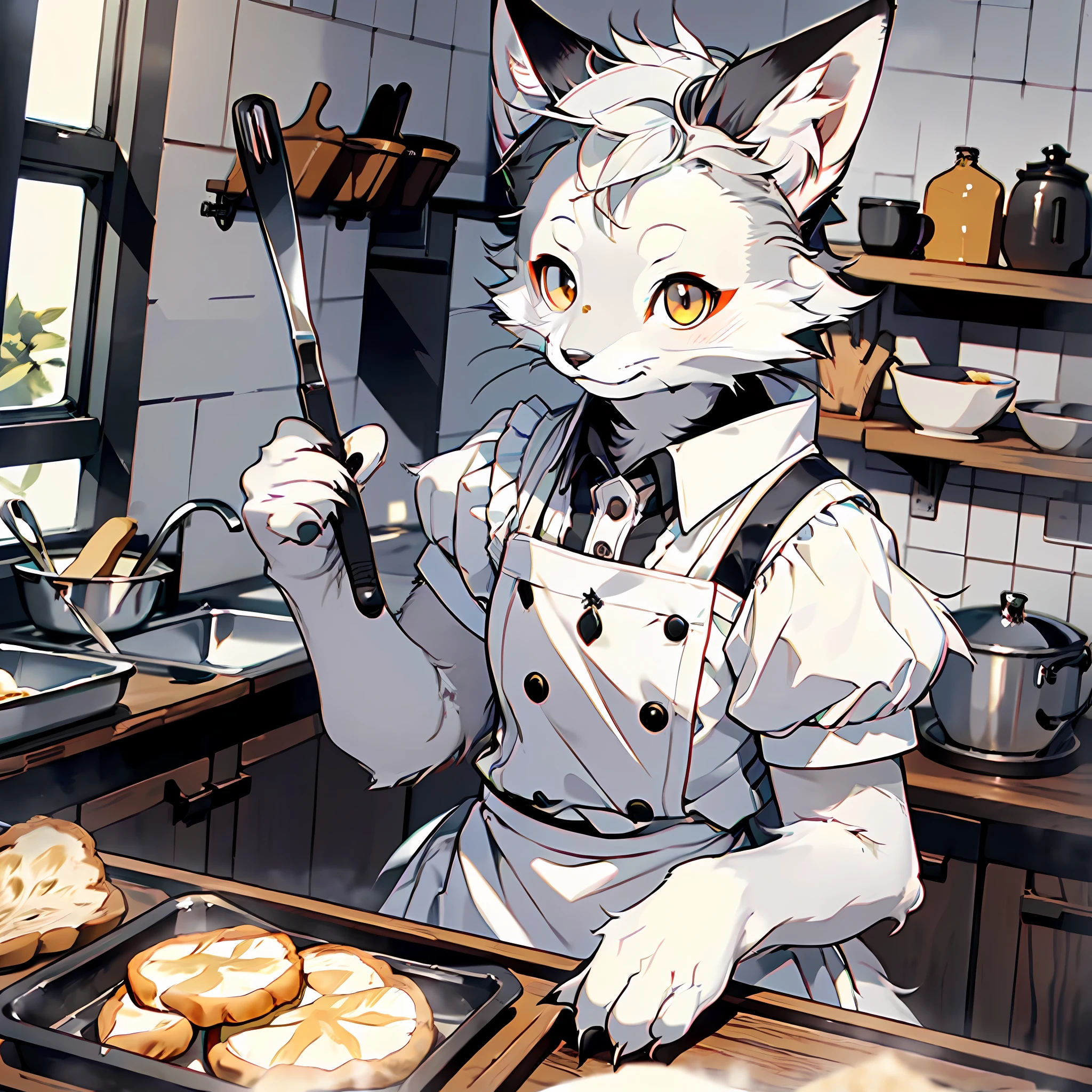 high detail, hyper quality, high resolution, 1080P, solo, (female arctic fox: 1.5), (gray fur: 1.3), (gray skin)), gray ears, golden eyes, sharp claws, ((gray paws)), (fluffy tail: 1.2), ((maid outfit)), maid, making bread in the kitchen, light smile, square-looking, HDR, soft