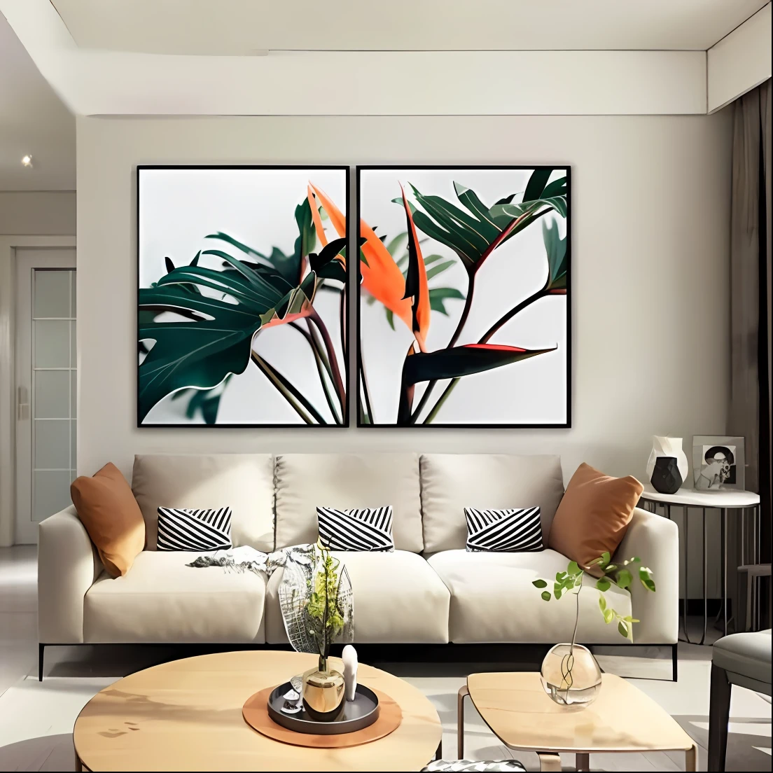 a close up of a living room with a couch and a table, canvas art print, contemporary art style, elegant tropical prints, tropical plants, trending artistic art, modern art style, high definition art, art decoration, tropical vibe, symmetrical painting, tropical style, extremely high quality artwork, mysterious jungle painting, birds of paradise, canvas art, dramatic artwork