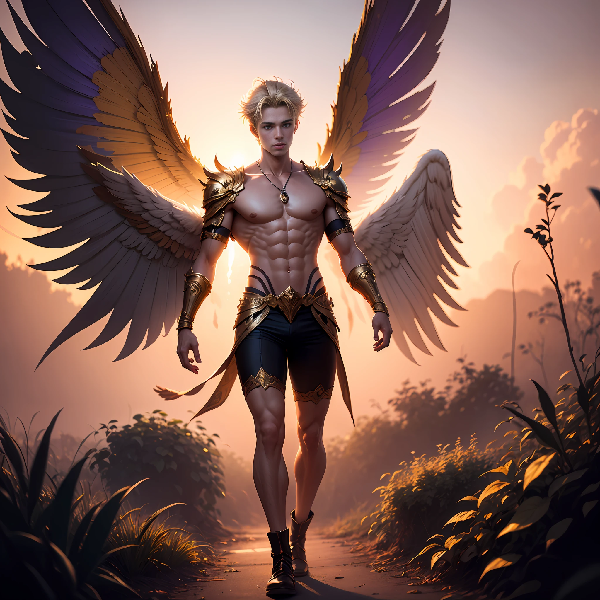 Fairy male blonde man with gold and purple details, large wings, flying in the air, vegetation blurred background, soft colors, soft light, sunset light, smooth light, reflections, HDR lighting, 8k resolution, cinematic film, smooth, strobe light beams, masterpiece, full body --auto