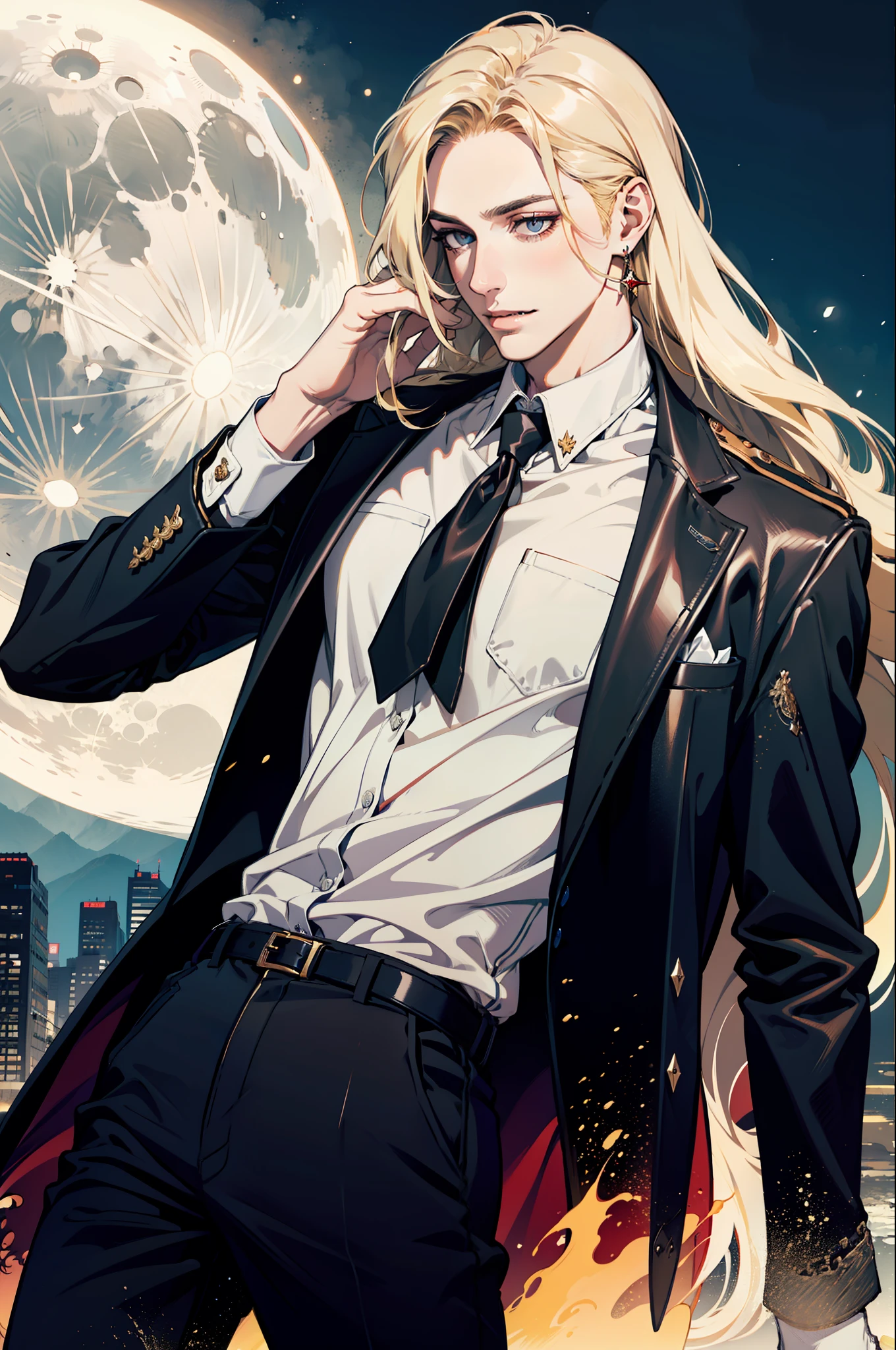 (absurdres, highres, ultra detailed), 1man, 30 years old man, adult man, handsome, tall,, finely detailed eyes and detailed face, leather pants, white shirt, night, smile, dutch angle, ((long hair, blonde hair)), moon, gold details, earrings, gothic, vampire, vampire prince, dark, simple clothes, looking at the view, pale skin, red detailed eyes, (masculine), sexy, elegant, long bangs, (((no jacket)))