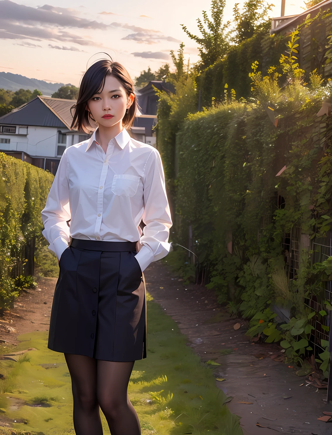 Ultra High Resolution, Realistic, Photo Realistic, Imagination, (Reality), Clear Sky, Composition, Sunset, (HDR:1.5), Outdoor, Intricate Detail, Collared Shirt, Skirt, Black Stockings, 8K, Standing, Looking at Viewer, Hands in Pockets, Red Lips,