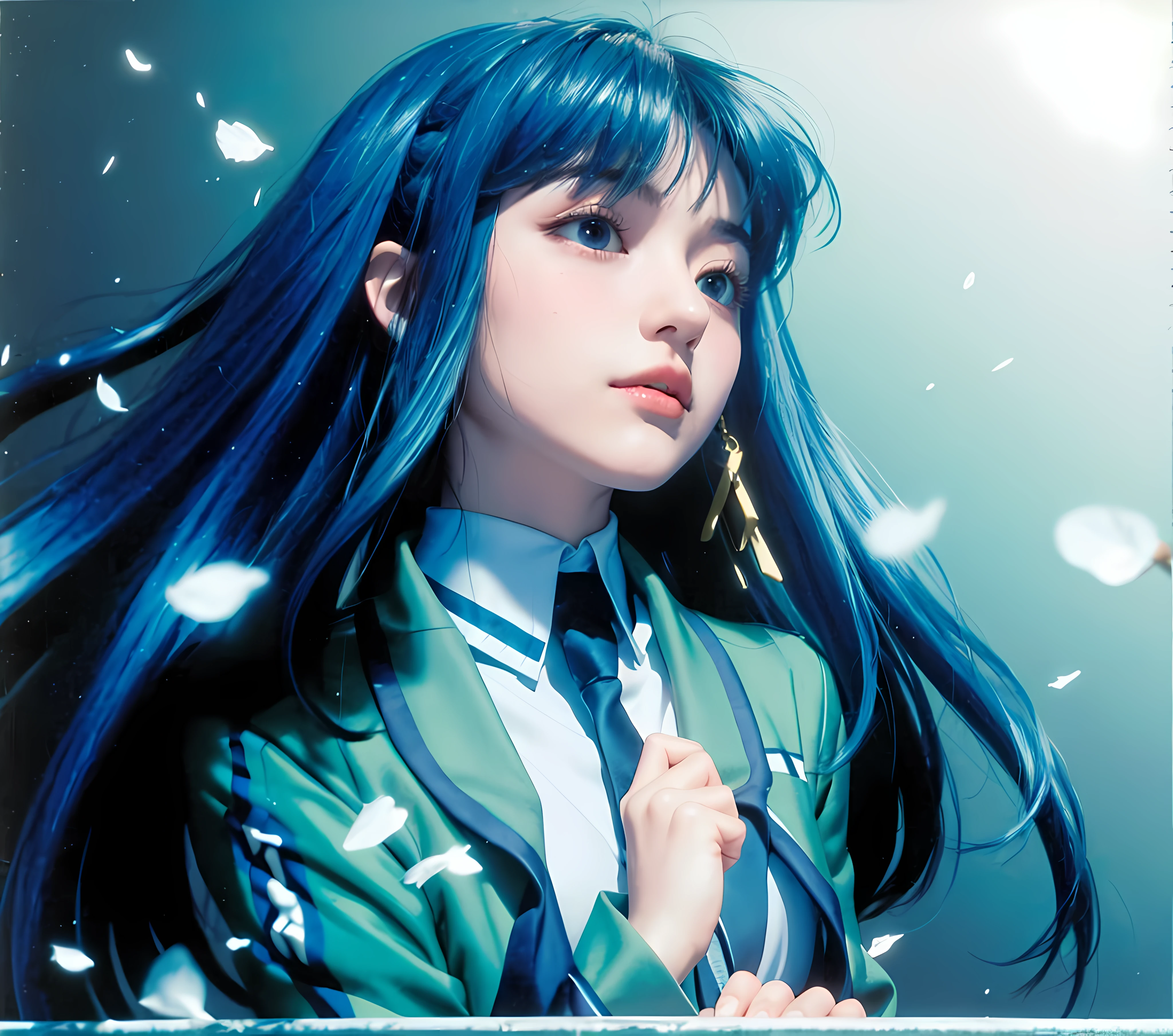 Girl with blue hair and blue eyes in green dress, Rain Iwakura, close-up of Rain Iwakura, portrait of Ringo Shiina, portrait of Rain Iwakura, still view Shikishi, beautiful schoolgirl, close-up of Rain Iwakura, style like fate/stay night, best girl