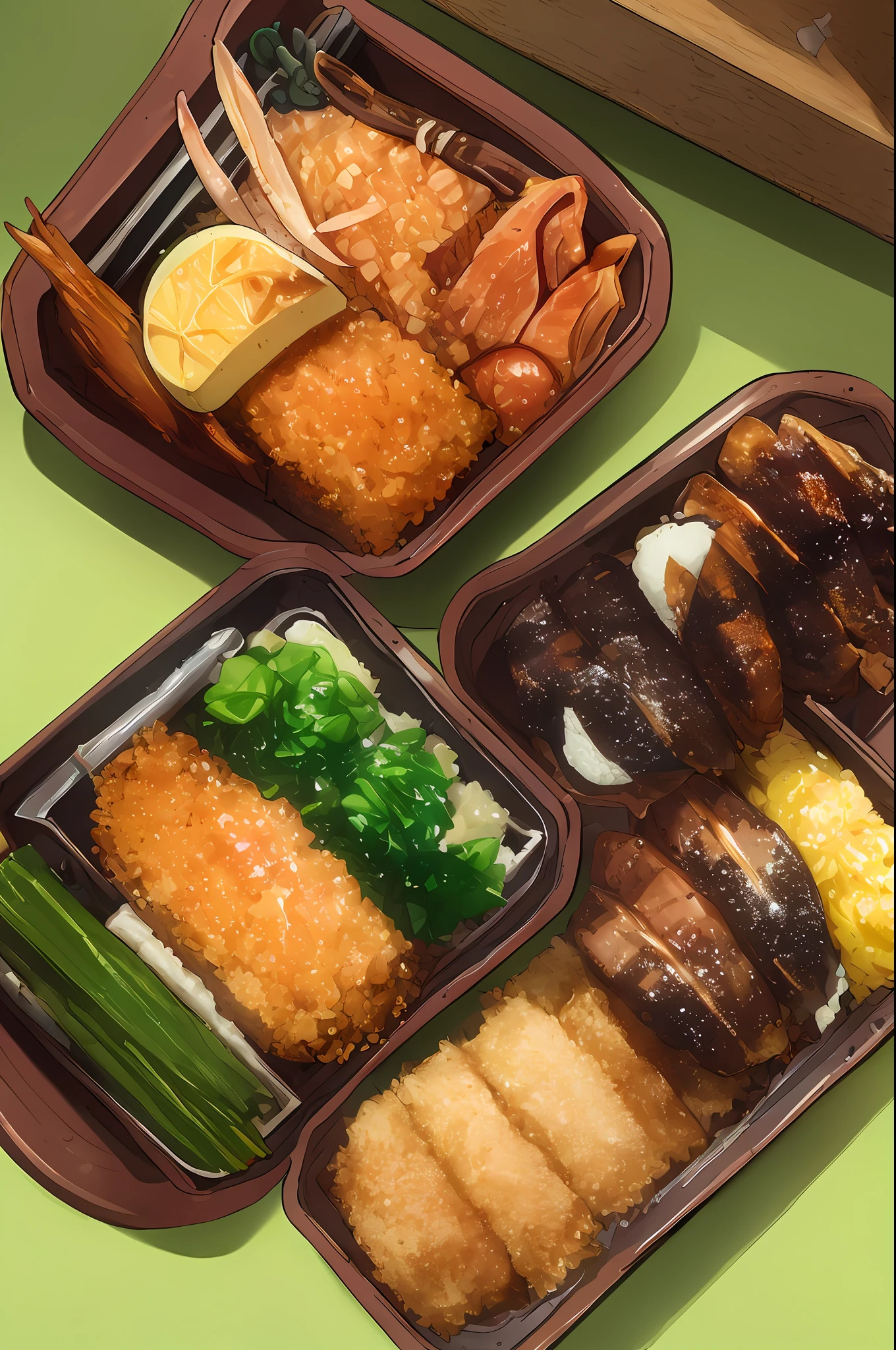 ((best quality)), ((masterpiece)), (detailed), ultra detailed,
no_humans, food_focus, food, rice, shrimp, yellow_background, fish, bento, still_life, tempura, omelet, sushi, vegetable, meat