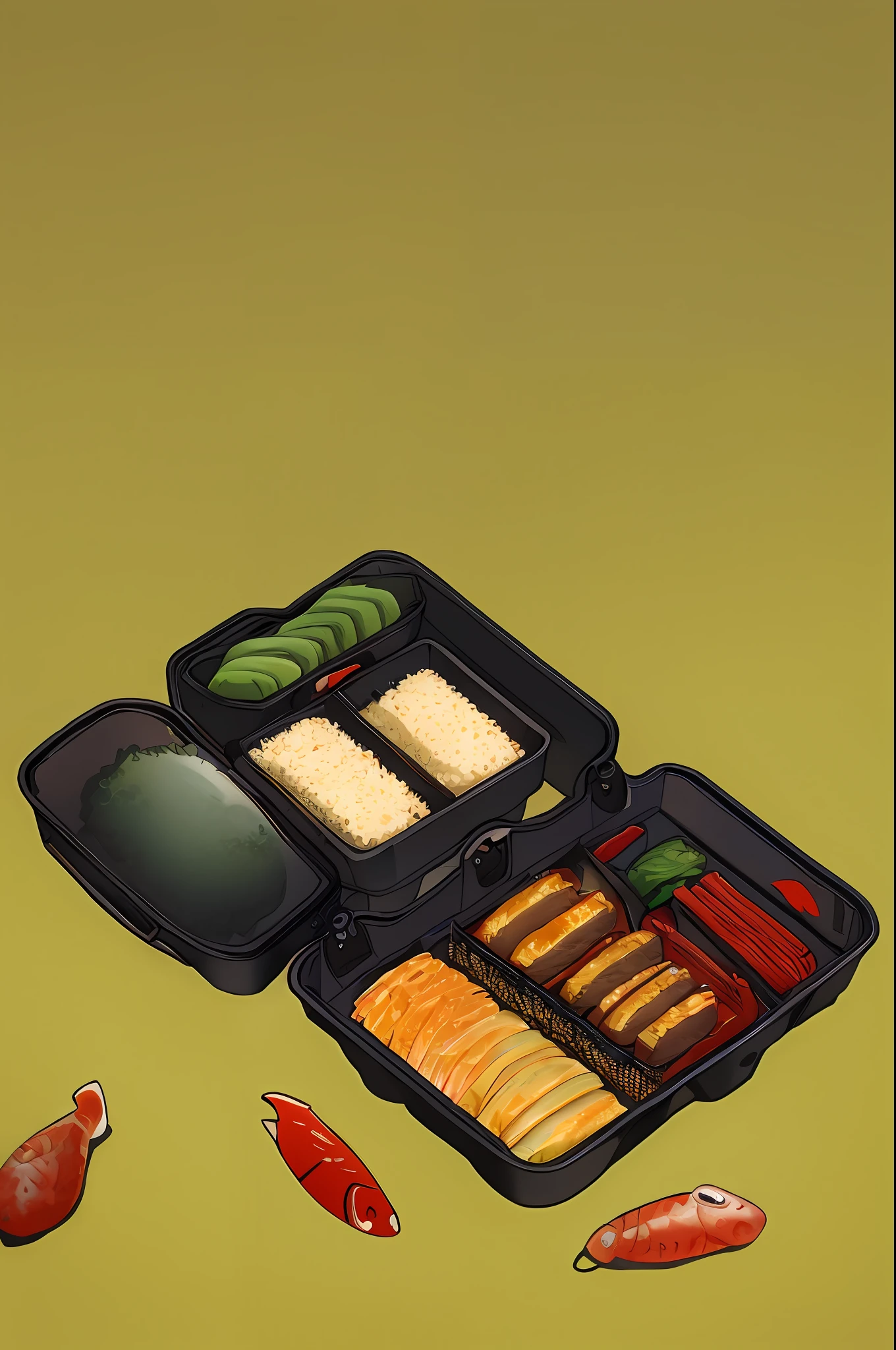 ((best quality)), ((masterpiece)), (detailed), ultra detailed,
no_humans, food_focus, food, rice, shrimp, yellow_background, fish, bento, still_life, tempura, omelet, sushi, vegetable, meat
