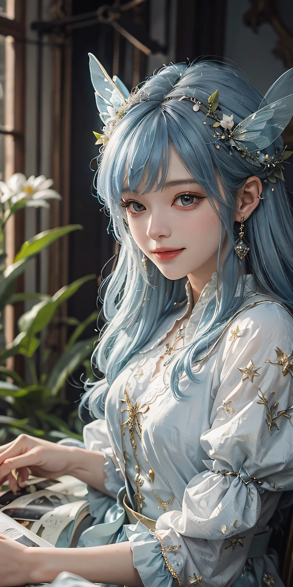 There is a woman with fairy wings sitting on the bed, fairy tale aesthetics, beautiful adult fairy, beautiful fairy, portrait of a fairy, beautiful fairy, light blue hair, fairy core, ethereal fairy tale, beautiful fairy, portrait of a fairy, fairy, ethereal wings, fairy, beautiful adult book fairy, ethereal fantasy, smiling like fairy queen, fairy queen, ((masterpiece)), 16K, UHD