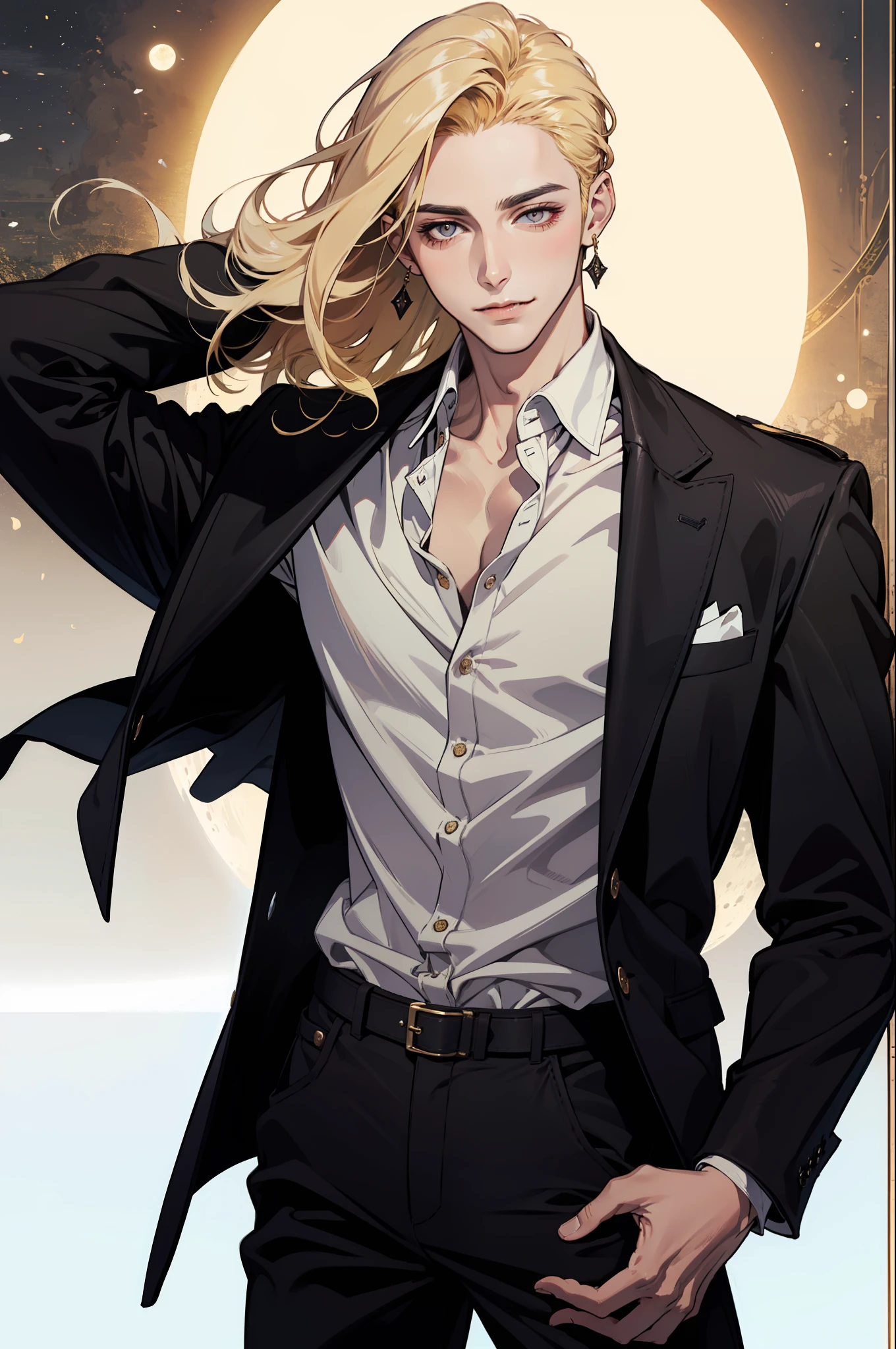 (absurdres, highres, ultra detailed), 1man, 30 years old man, adult man, handsome, tall,, finely detailed eyes and detailed face, leather pants, white shirt, night, smile, dutch angle, ((long hair, blonde hair)), moon, gold details, earrings, gothic, vampire, vampire prince, dark, simple clothes, looking at the view, pale skin, red detailed eyes, (masculine), sexy, elegant, long bangs, (((no jacket)))