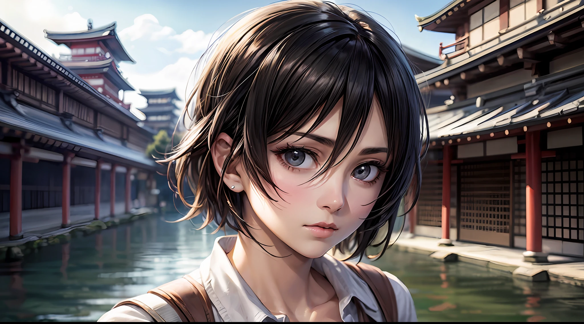 (Attack on Titan, Mikasa Ackerman), brown skin, cardigan, (short black hair), young, cute, beautiful girl, perfect style, big, emphasizing cleavage, expressionless, realistic, realistic, 8k, very detailed, highest quality, best quality, super high definition, masterpiece, one girl, (background is Japan Kyoto, Kinkakuji),