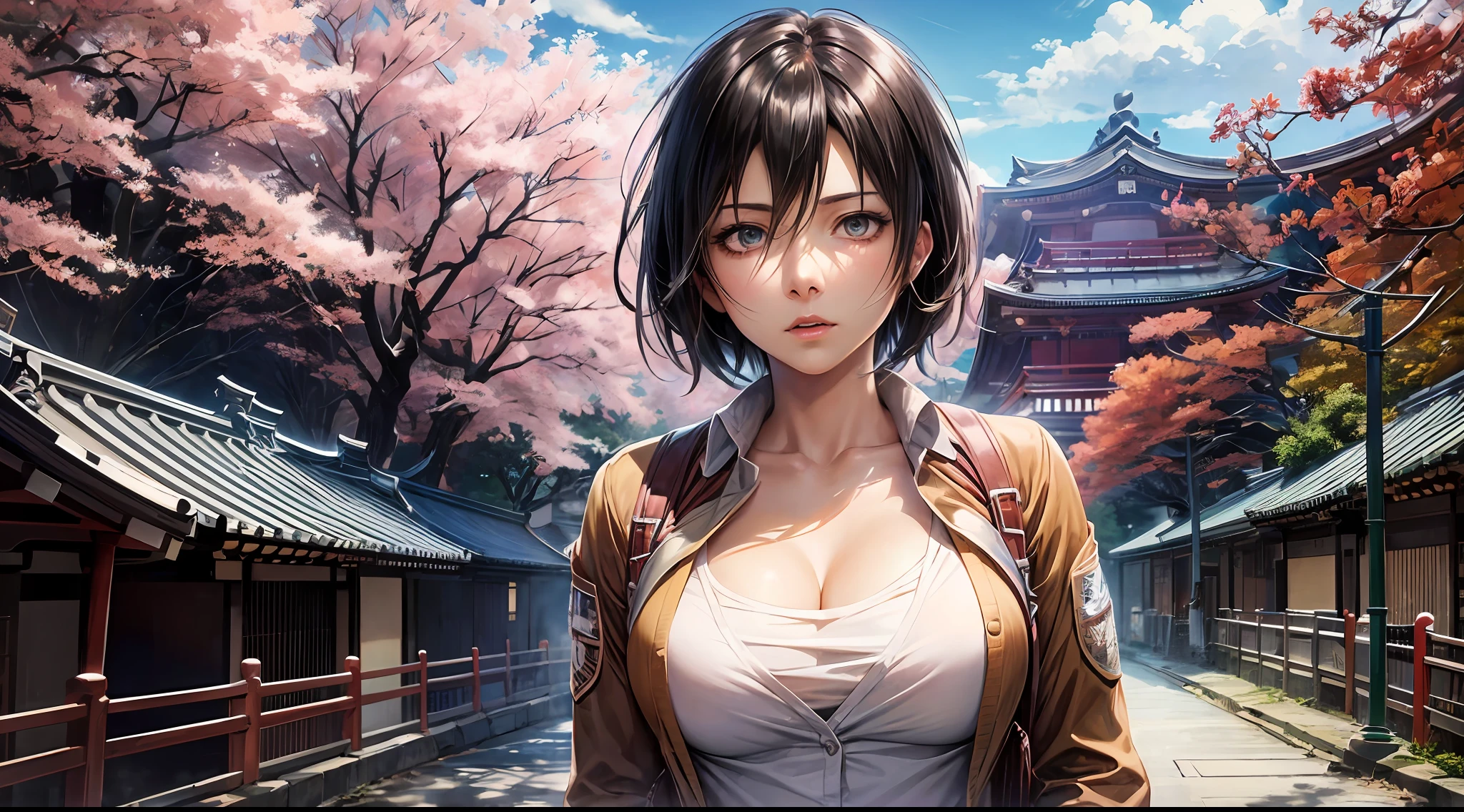 (Attack on Titan, Mikasa Ackerman), brown skin, cardigan, (short black hair), young, cute, beautiful girl, perfect style, big, emphasizing cleavage, expressionless, realistic, realistic, 8k, very detailed, highest quality, best quality, super high definition, masterpiece, one girl, (background is Japan Kyoto, Kinkakuji),