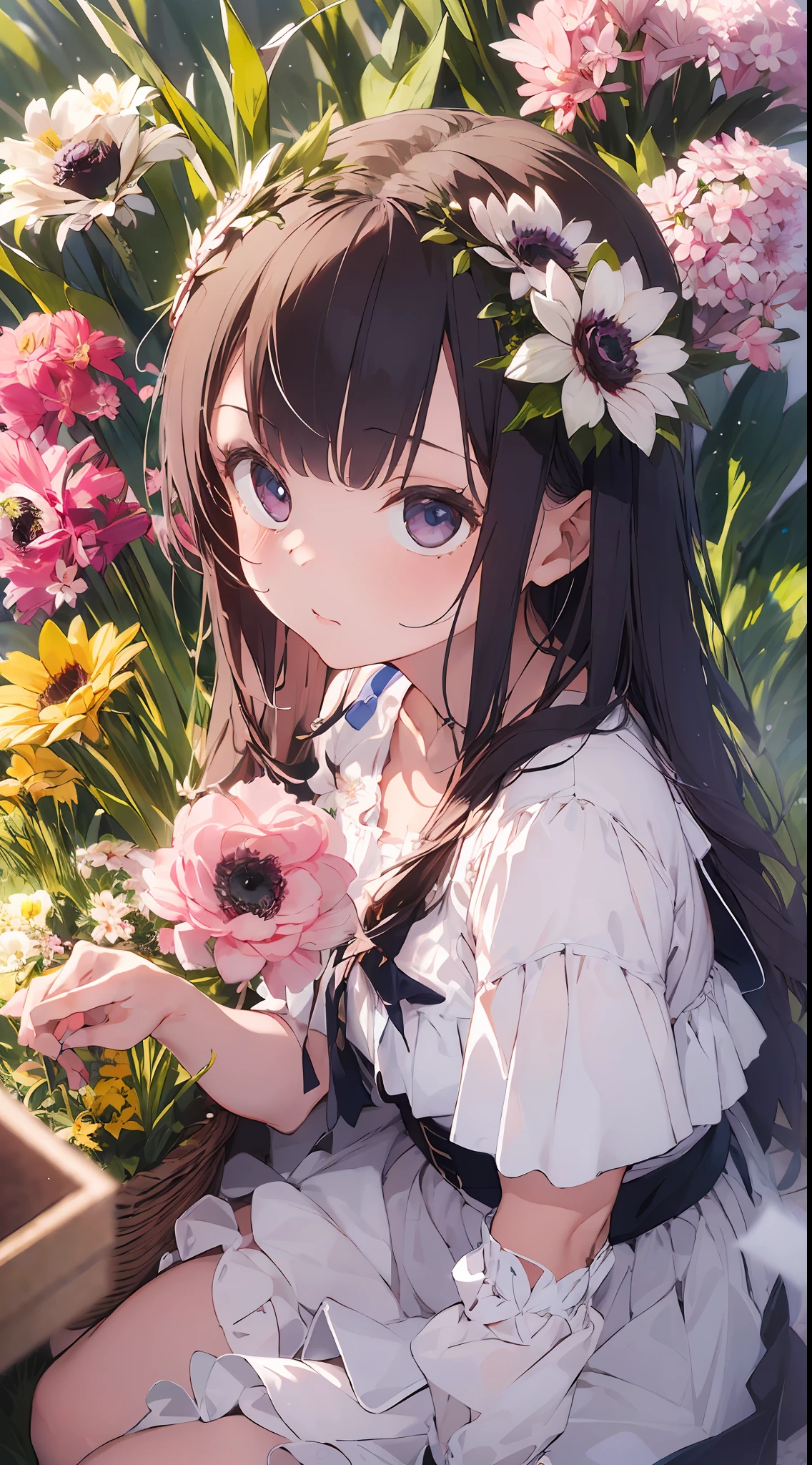 ((masterpiece, best quality)),(1girl, solo:1.4), silver hair, wine red eyes, from above, beautiful detailed eyes, vivid, cloudy sky, flower, awesome flower, daffodil, falling petals, sanshoku dango, hanami, picnic