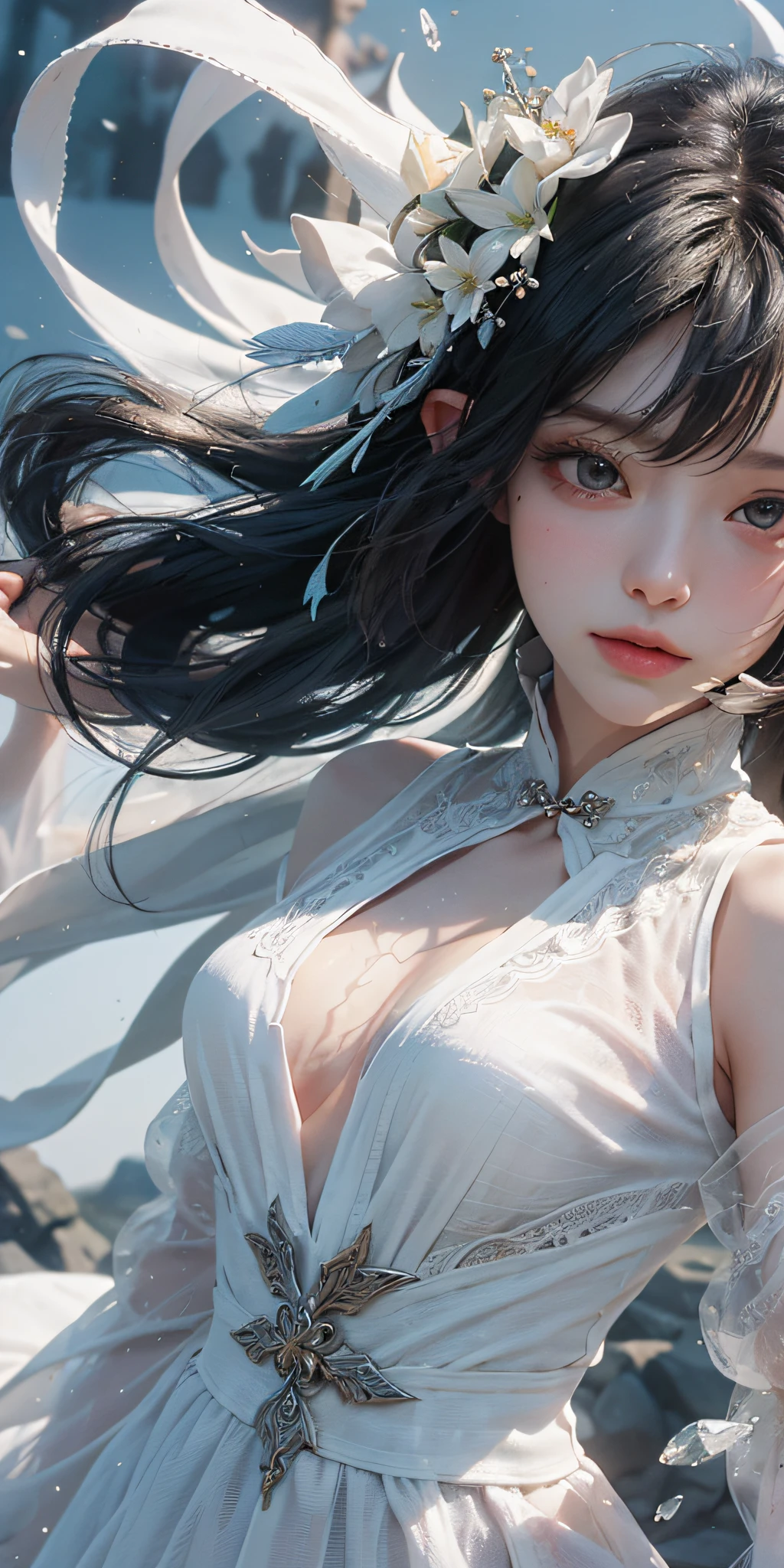 (Masterpiece, Top Quality, Best, Official Art, Beautiful and Aesthetic, Long Exposure: 1.2), Smooth Movement, Charming Patterns, 1 Girl, (Long Dress with Sleeves: 1.3), (((White Clothes) )), upper body close-up, bare shoulders, Chinese girl, blush, black lob hair, portrait, solo, upper body, looking at the observer, detailed background, detailed face, (crystallineAI, crystalline theme:1.1), elemental wind elves, rotation Wind, control the wind, white crystal clothing, dynamic pose, floating particles, ethereal dynamics, whirlwind, vapor, whirlwind in the background, white tone, whirlwind, ethereal atmosphere,
